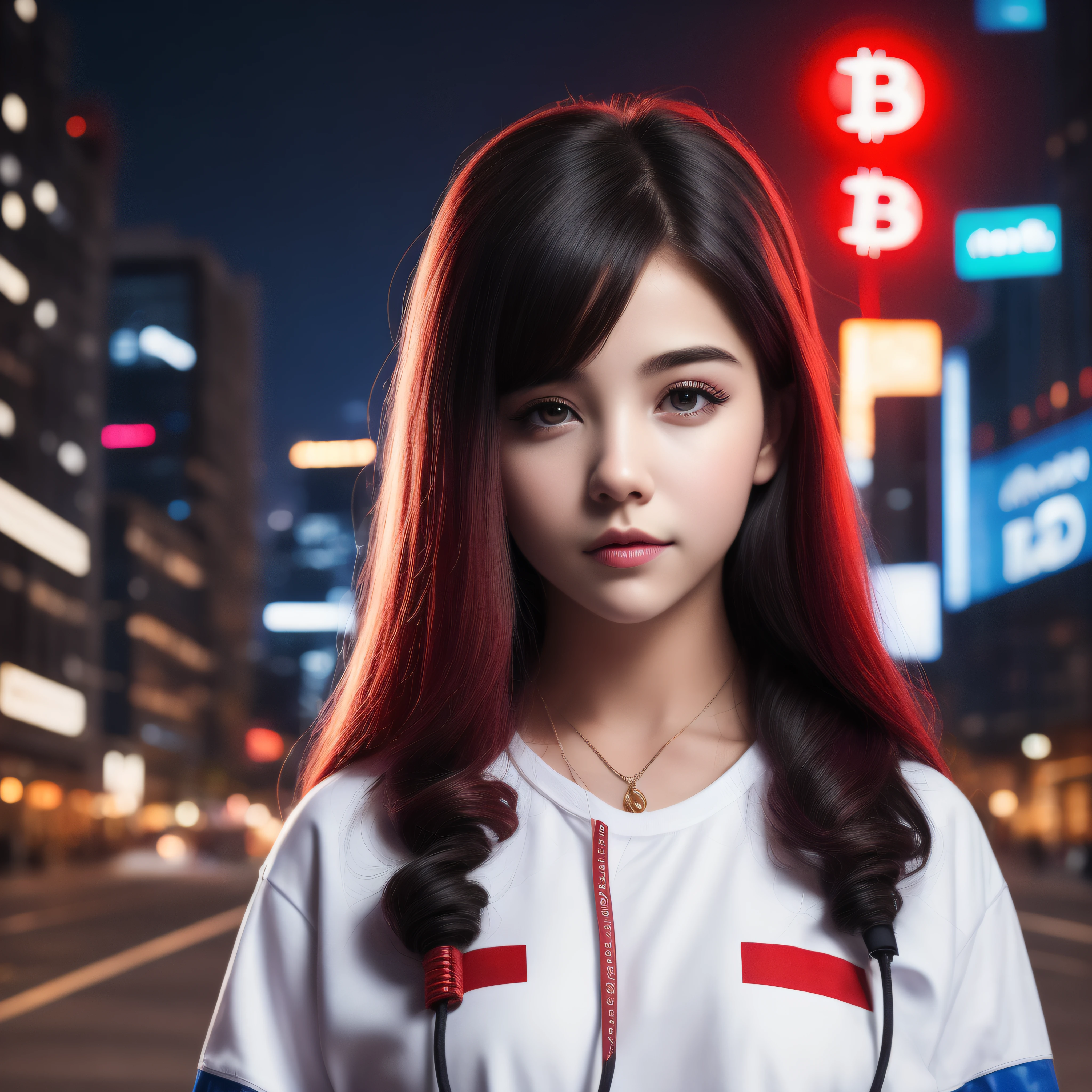 menina bonita de 15 anos com cabelo branco longo e com grandes olhos azuis bem juntos horizontalmente ao nariz ,rosto com formato redondo, com bochechas rosadas, com jaqueta preta,blusa preta,de batom vermelho,de oculos,with cord with bitcoin symbol ,black cap in 100k resolution, in a city at night full of buildings illuminated with blue and red lights
