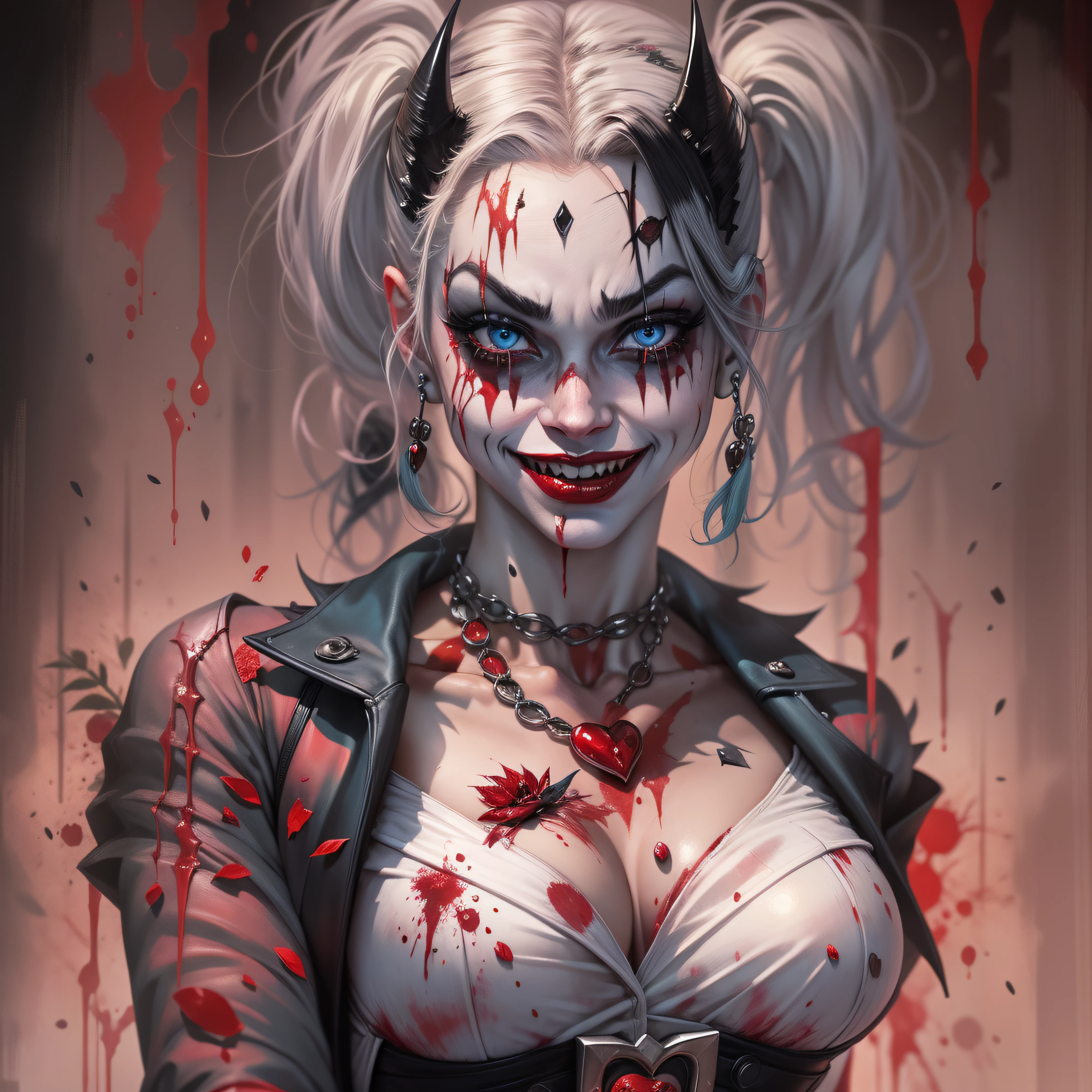 "The demonic character of Harley Quinn, The character is walking around holding a knife ,um sorriso sinistro,corpo altamente bem feito, blood tears, sombrio, qualidade excepcional, Gothic style, Vestimenta dos quadrinhos da Arlequina, inspirado no livro Batman: Crazy Love and Other Stories."
