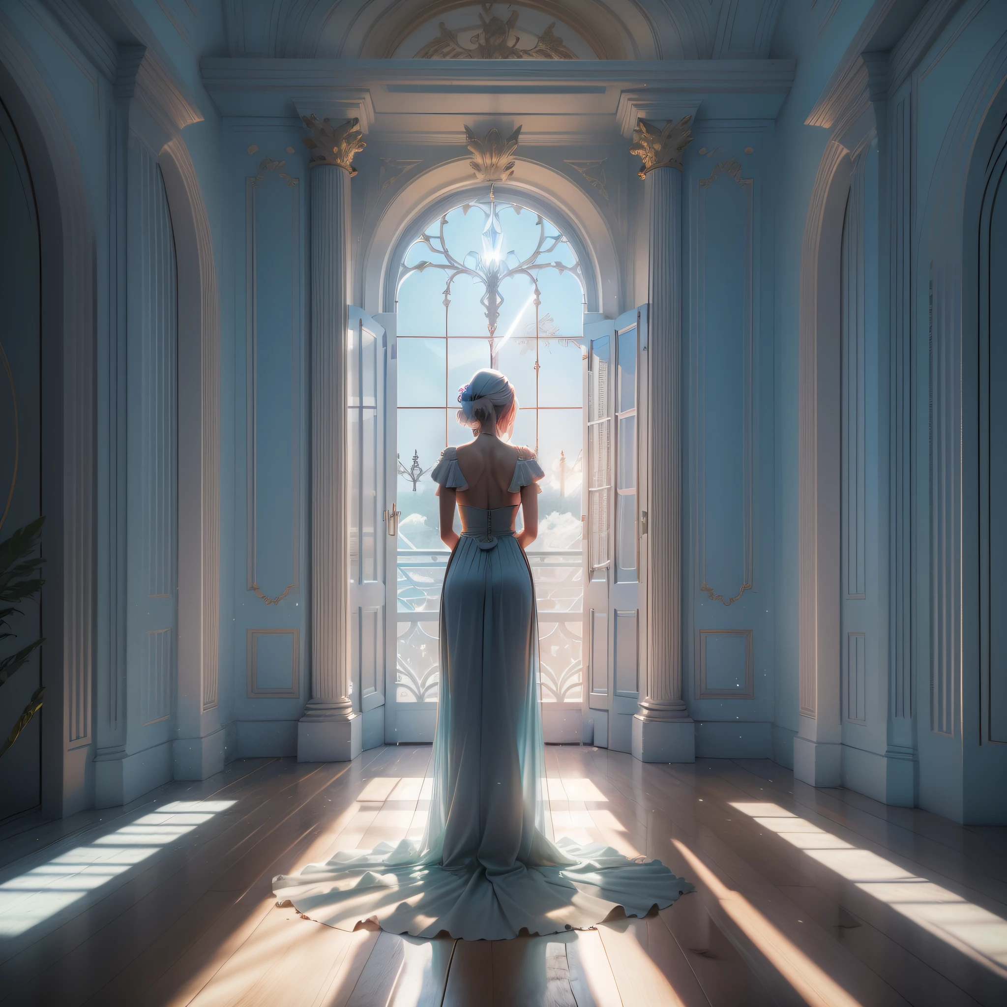 Woman standing with her back to camera centered on a large neoclassical window with sunbeams of volumetric light entering a beautiful light blue dawn