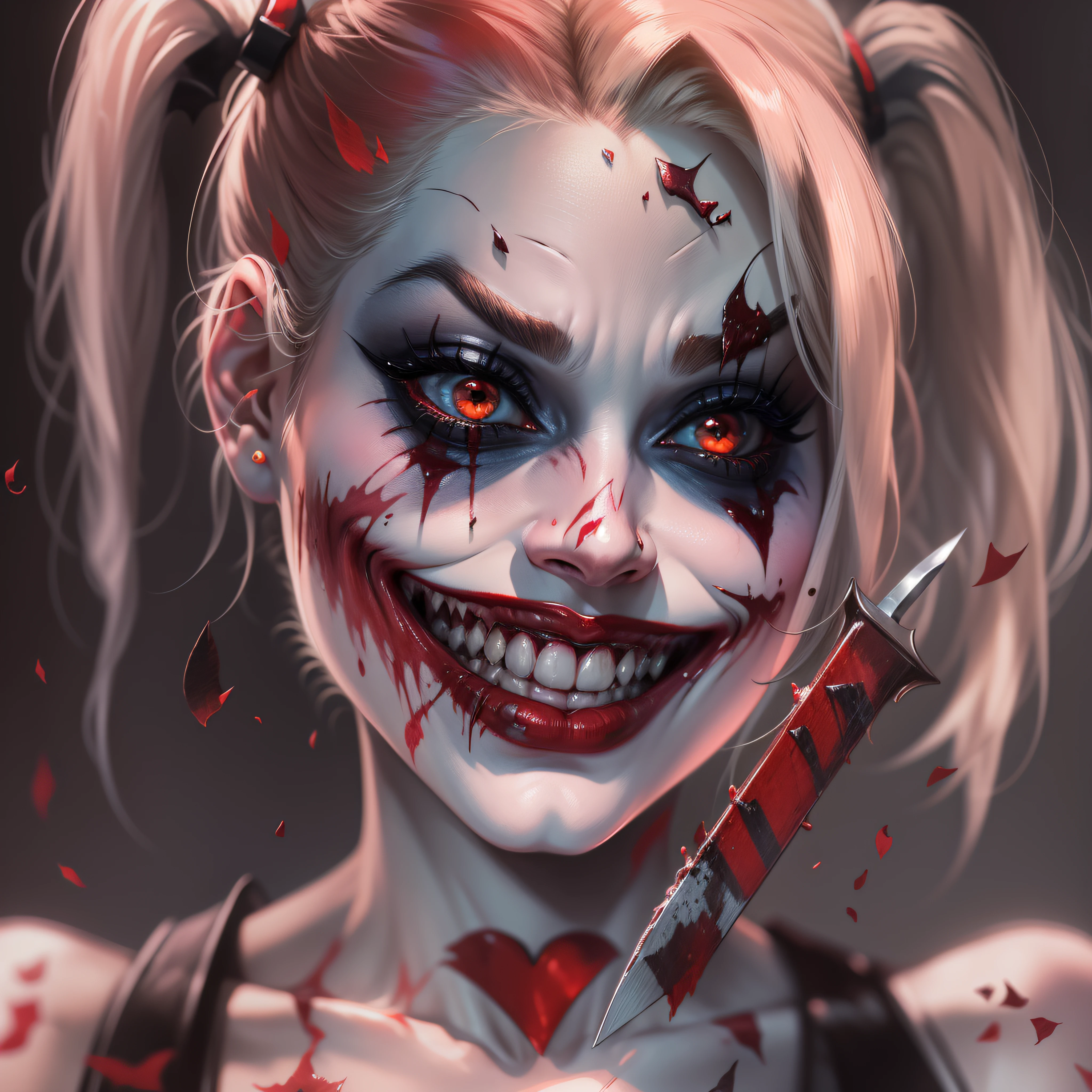 "The demonic character of Harley Quinn, The character is walking around holding a knife ,um sorriso sinistro,corpo altamente bem feito, blood tears, sombrio, qualidade excepcional, Gothic style, Vestimenta dos quadrinhos da Arlequina, inspirado no livro Batman: Crazy Love and Other Stories."
