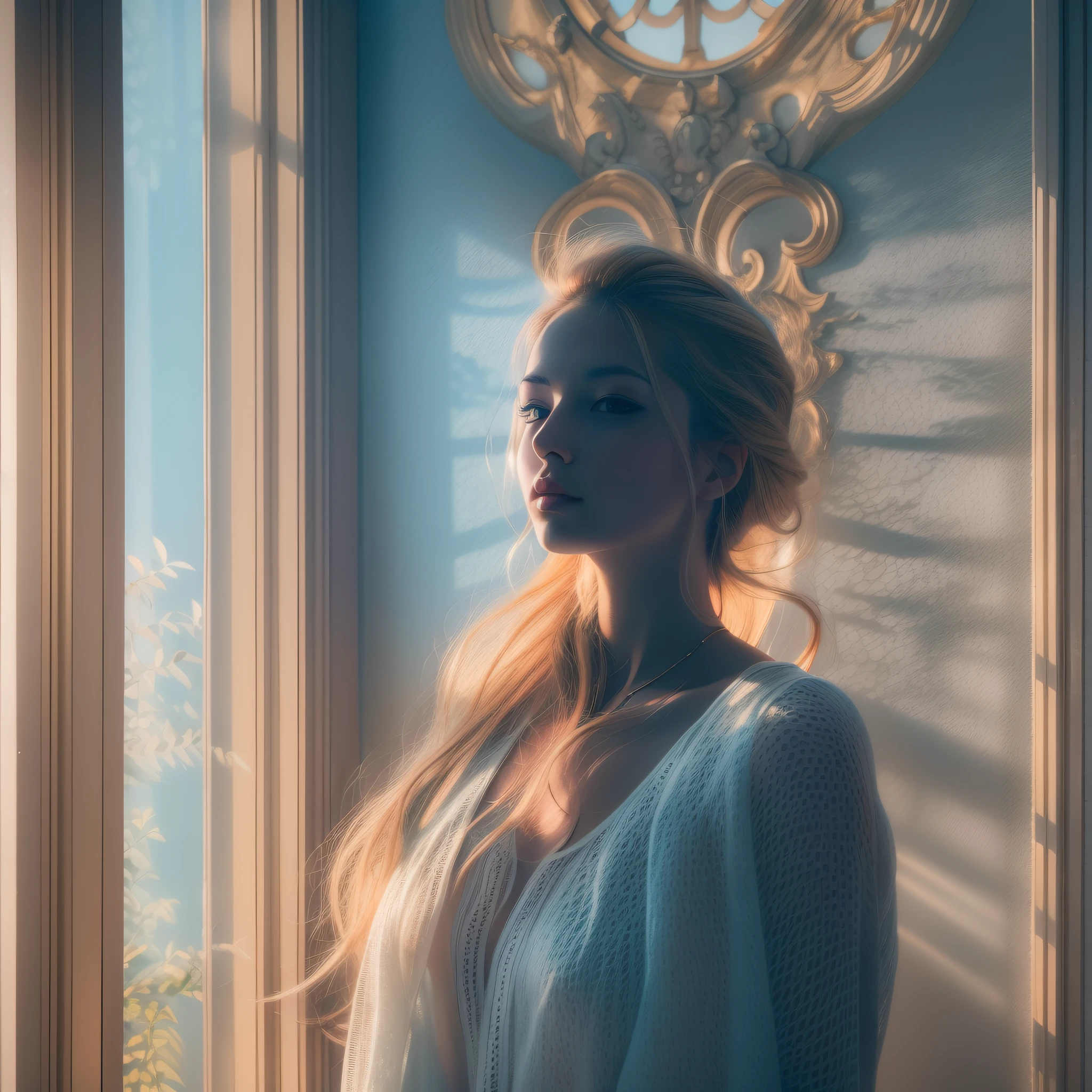 Woman with her back to the camera centered leaning against a large neoclassical window with sunbeams of volumetric light entering a beautiful light blue dawn illuminating her face in high contrast