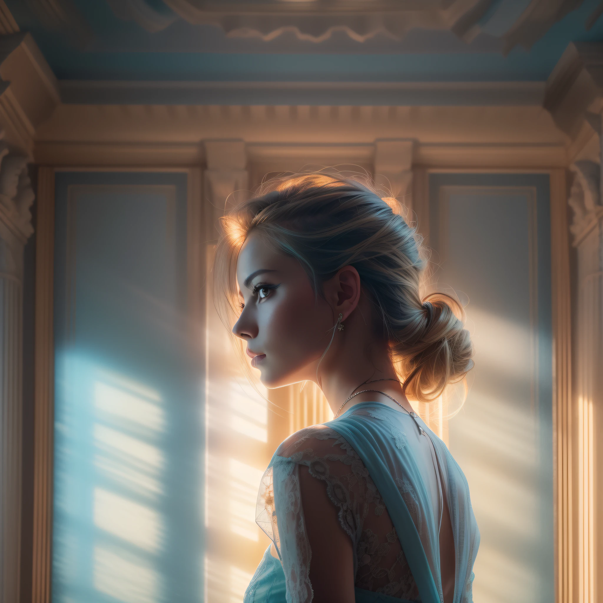 Close-up of a Woman with her back to the camera centered against a large neoclassical window with sunbeams of volumetric light entering a beautiful light blue dawn that is illuminating her face in high contrast