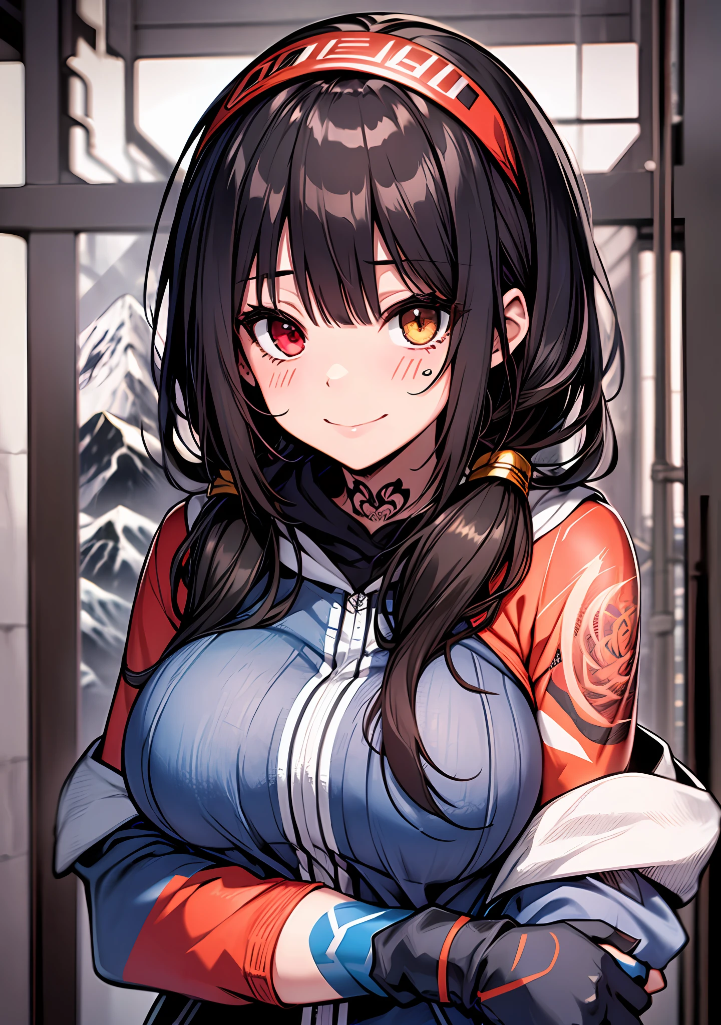 Masterpiece, high quality, ultra quality, best lighting, 1girl, ((tokisaki kurumi)), long hair, black hair, (((low twintails))), monochrome, ((right red eye:1, left yellow eye:1)), Hoodie, ((mini Hoodie)), hood on head, ((short jean)), ((big breast)), ((big thigh)), smile, blush, cute face, ((gesugao face)), standing, sexy body, sexy, tattooed full body, tattooed face, (((tattooed))),looking at viewer, large the breast, nsfw, (((mountain)))