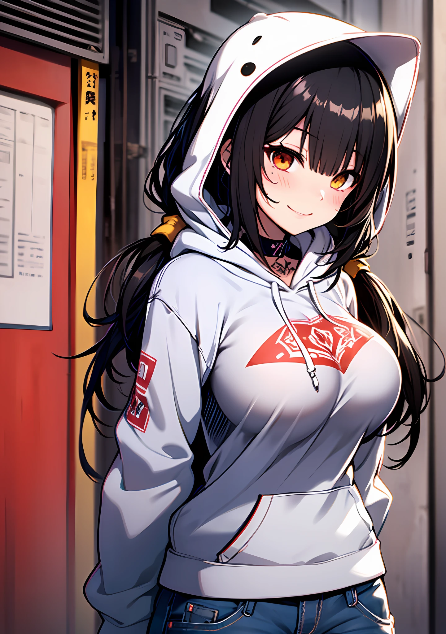 Masterpiece, high quality, ultra quality, best lighting, 1girl, ((tokisaki kurumi)), long hair, black hair, (((low twintails))), monochrome, ((right red eye:1, left yellow eye:1)), Hoodie, ((mini Hoodie)), hood on head, ((short jean)), ((big breast)), ((big thigh)), smile, blush, cute face, ((gesugao face)), standing, sexy body, sexy, tattooed full body, tattooed face, (((tattooed))),looking at viewer, large the breast, nsfw, (((mountain)))