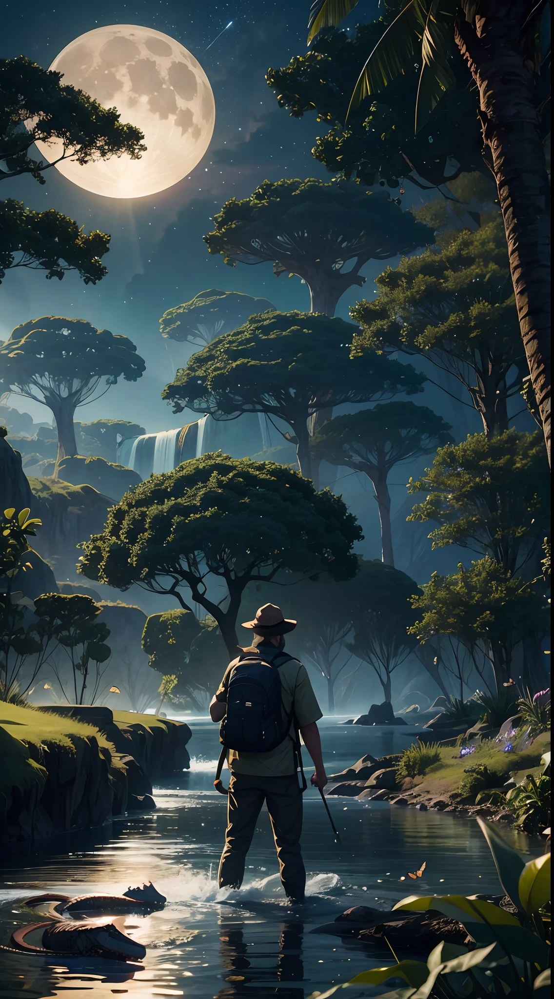 （（best qualtiy））， （（tmasterpiece））， （A detailed：1.4），Enhanced dynamic perspective，jungles，gigantic trees，nighttime scene，starrysky，（darkly：1.4），（（The old adventurer stands on a big tree and feeds the girassed dragon to graze）），（（Butterflies sparkle in the moonlight）），（（A starry stream flowed in front of him）），Crocodiles float on the water，（Adventurer backpack），（weeds），florals，（（（adventurer clothing））），super-fine，Works of masters，high qulity，8K分辨率，depth of fields，电影灯光，Epic shooting，high qulity，super-fine，Detailed pubic hair，Accurate，Cinematic lighting，