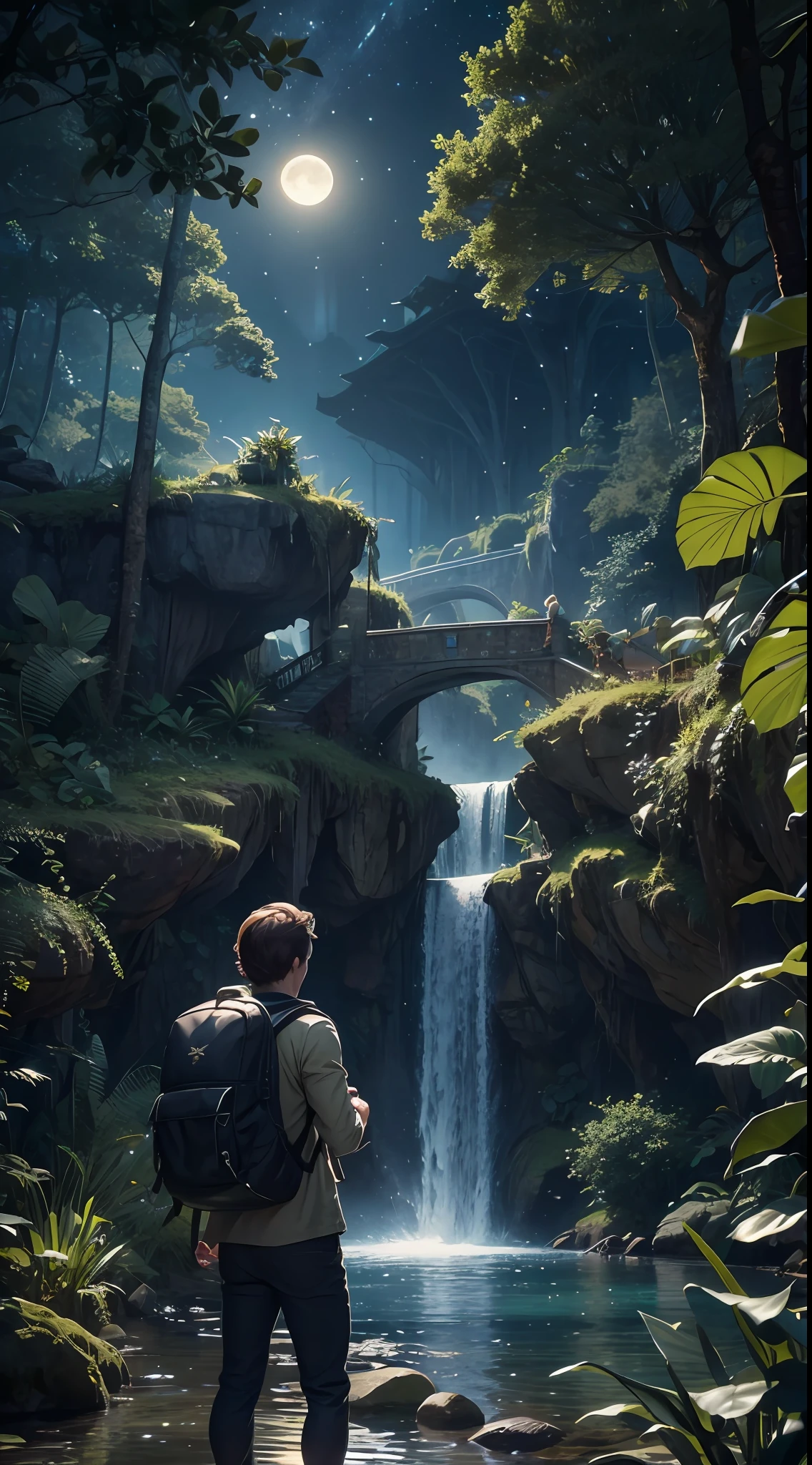 ((best qualtiy)), ((tmasterpiece)), (A detailed:1.4),Enhanced dynamic perspective,jungles,gigantic trees,nighttime scene,starrysky,(darkly:1.4),((The old adventurer stands on a big tree and feeds the girassed dragon to graze)),((Butterflies sparkle in the moonlight)),((A starry stream flowed in front of him)),Crocodiles float on the water,(Adventurer backpack),(weeds),florals,(((adventurer clothing))),super-fine,Works of masters,high qulity,8K分辨率,depth of fields,电影灯光,Epic shooting,high qulity,super-fine,Detailed pubic hair,Accurate,Cinematic lighting,