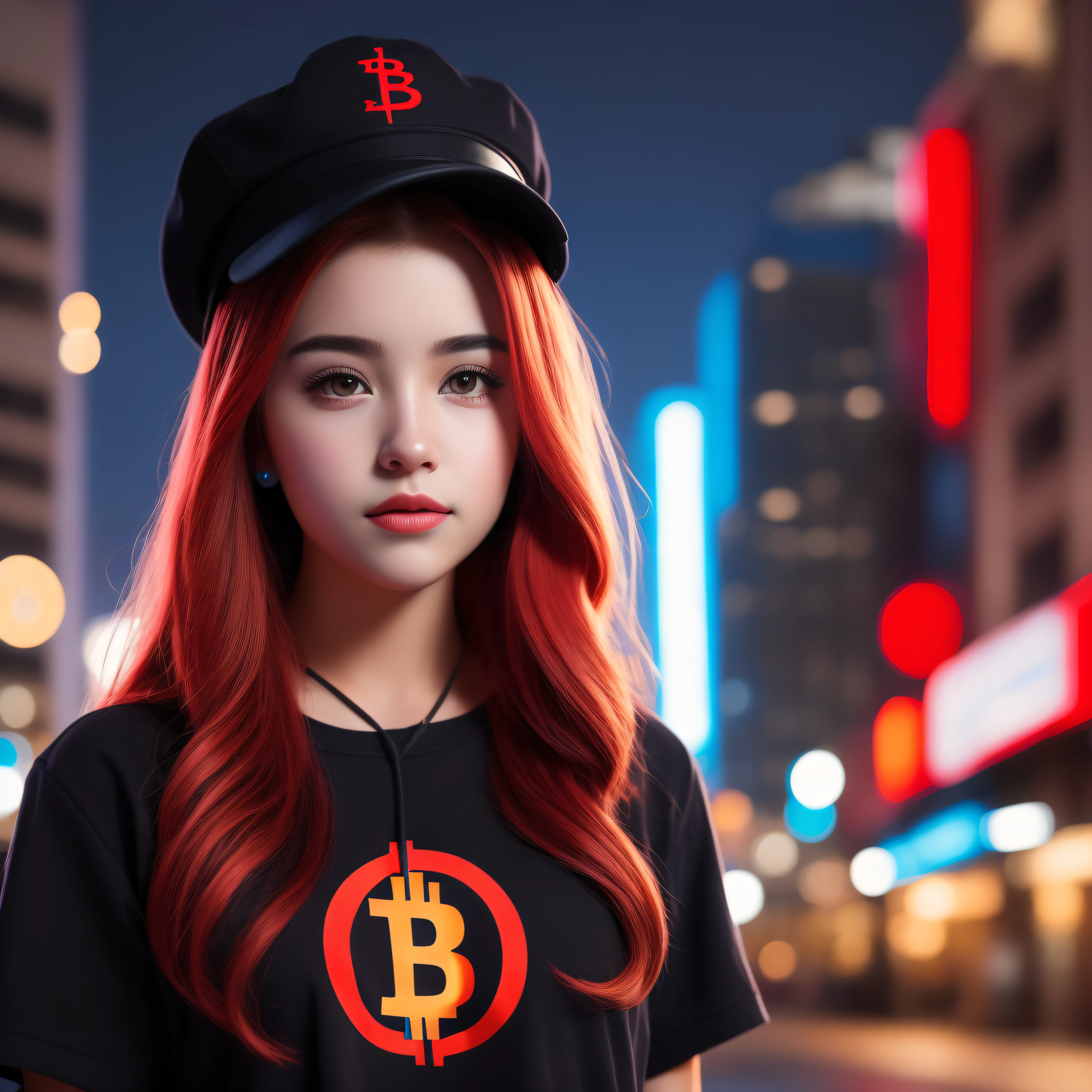 menina bonita de 15 anos com cabelo branco longo e com grandes olhos azuis bem juntos horizontalmente ao nariz ,rosto com formato redondo, com bochechas rosadas, com jaqueta preta,blusa preta,de batom vermelho,de oculos,with cord with bitcoin symbol ,black cap in 100k resolution, in a city at night full of buildings illuminated with blue and red lights