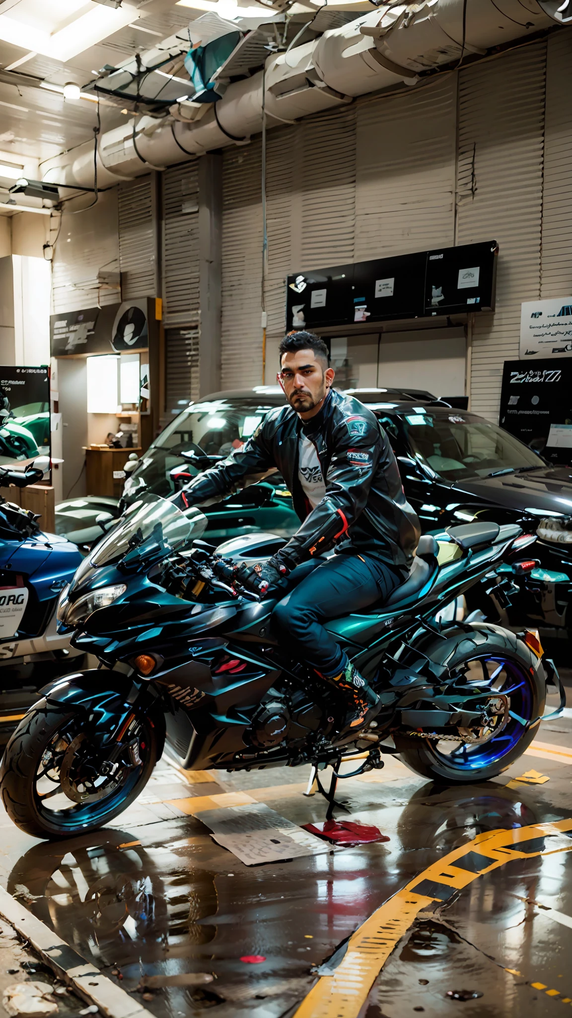 there is a man sitting on a motorcycle in a showroom, futuristic suzuki, front profile!!!!, at racer track, with octane, shot on nikon z9, motorbiker, taken with sony alpha 9, mohamed chahin, touring, taken with the best dlsr camera, mohamed chahin style, # myportfolio, ismail, * colour splash *, by Basuki Abdullah