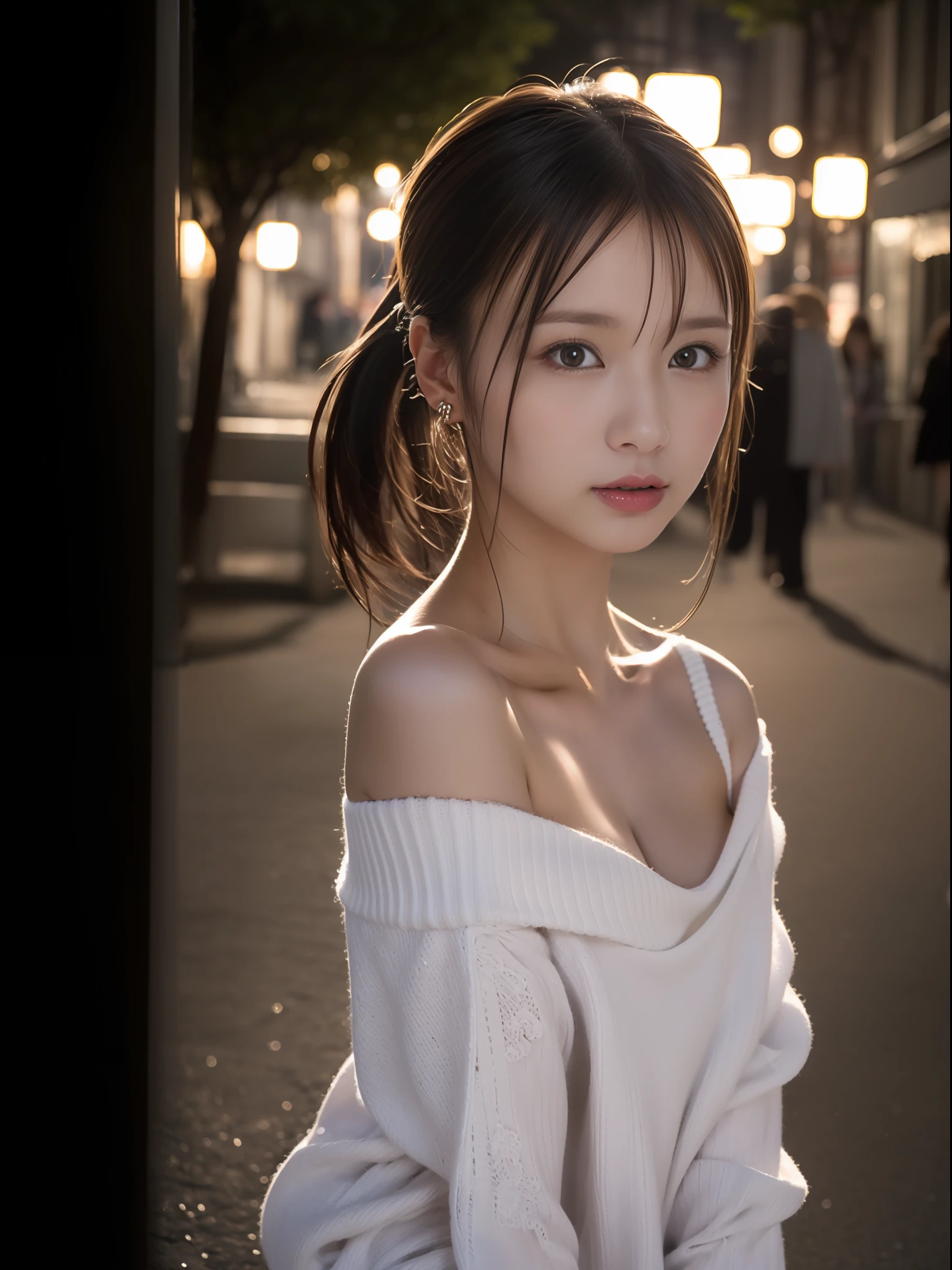 (8K、Raw photography、top-quality、​masterpiece:1.2)、(realisitic、Photorealsitic:1.37)、ultra-detailliert、超A high resolution、1 fair-skinned girl、beautifull detailed face、nighttime scene、In the street、poneyTail、Knitted sweaters、bare shoulders​、Clean arms、(glowing earrings)