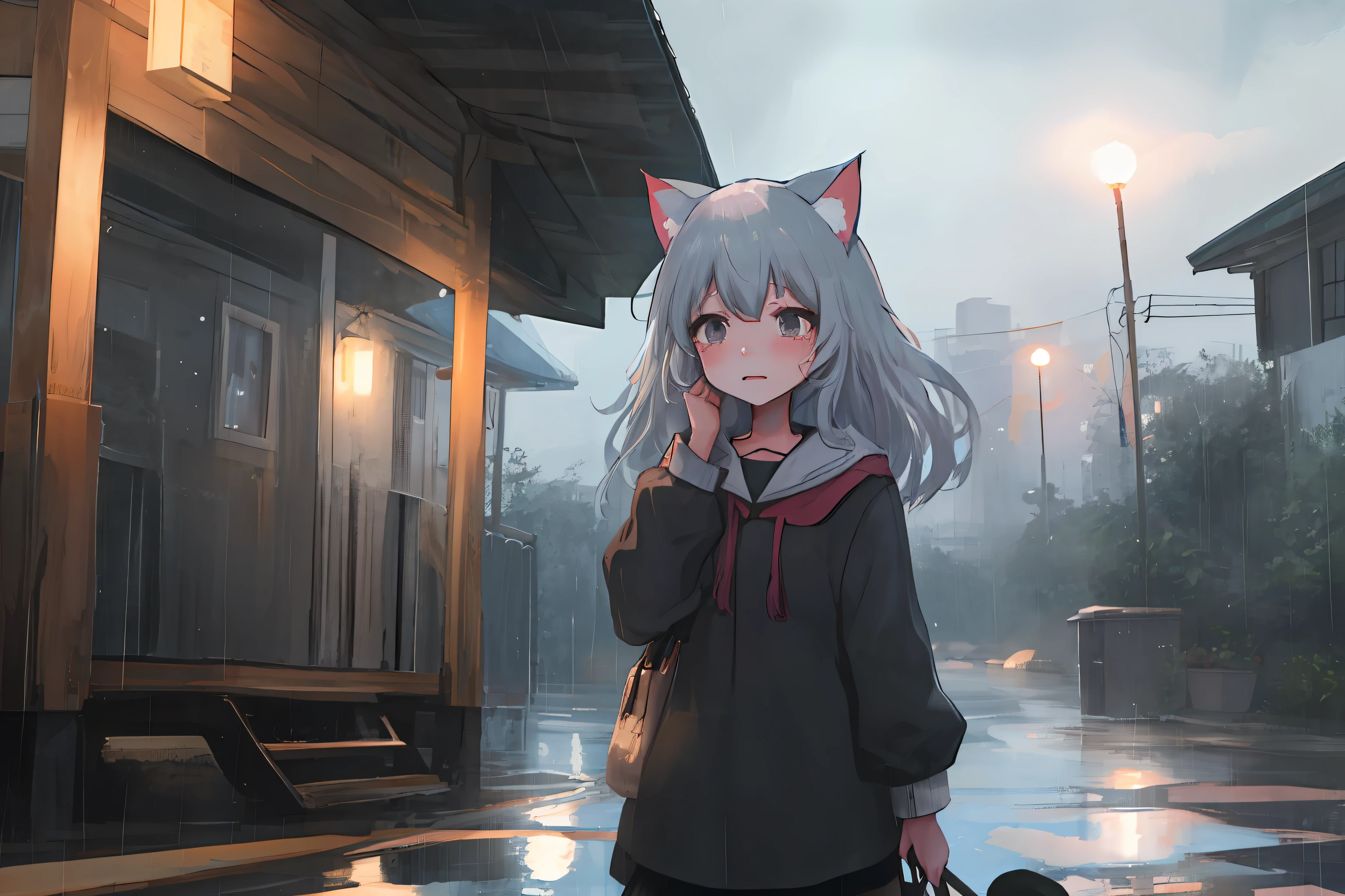 Silvery hair，Black eyes，long whitr hair，Cat-eared girl，rainy evening，streaming tears