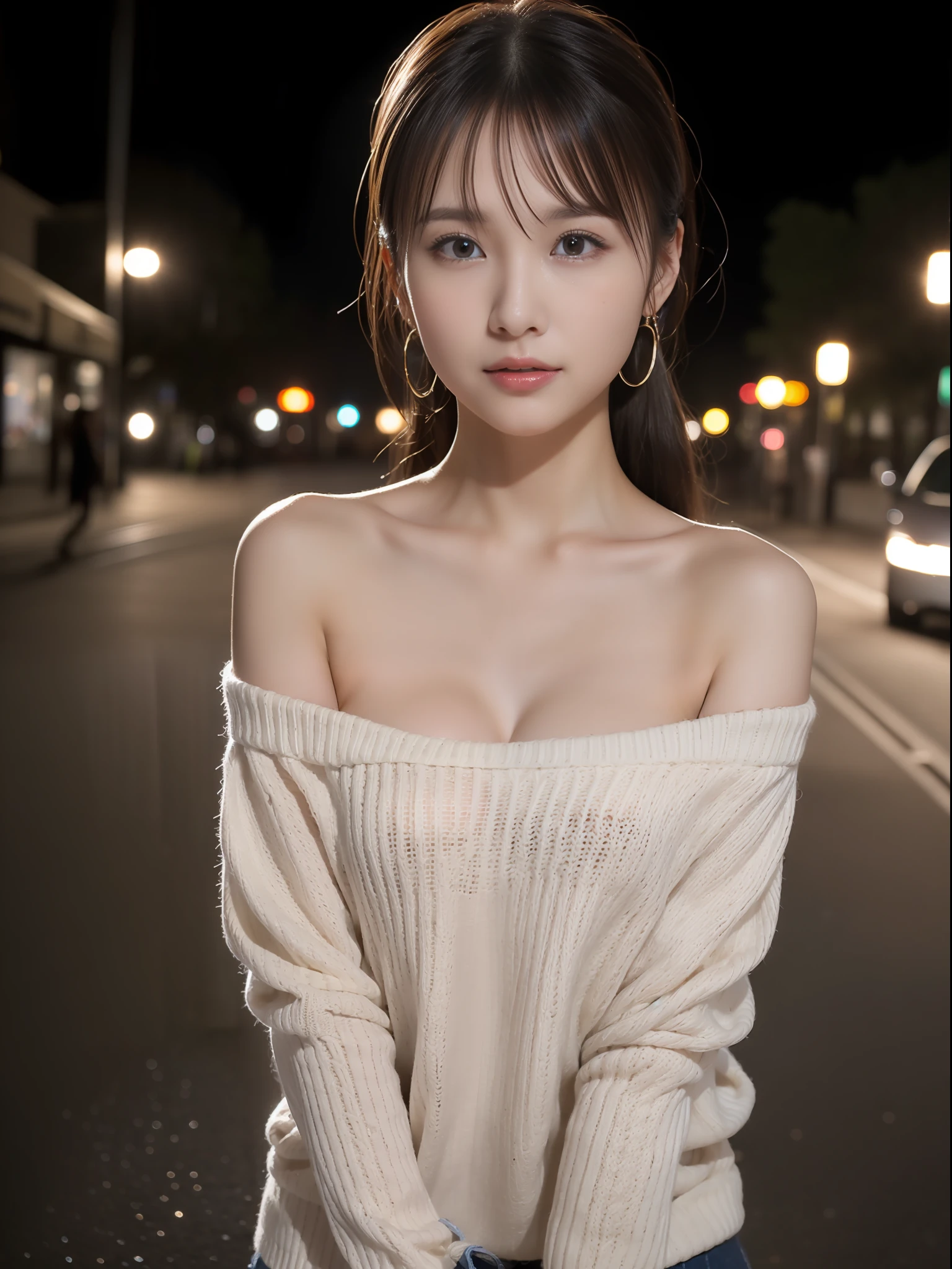 (8K、Raw photography、top-quality、​masterpiece:1.2)、(realisitic、Photorealsitic:1.37)、ultra-detailliert、超A high resolution、1 fair-skinned girl、beautifull detailed face、nighttime scene、In the street、poneyTail、Knitted sweaters、bare shoulders​、Clean arms、(glowing earrings)