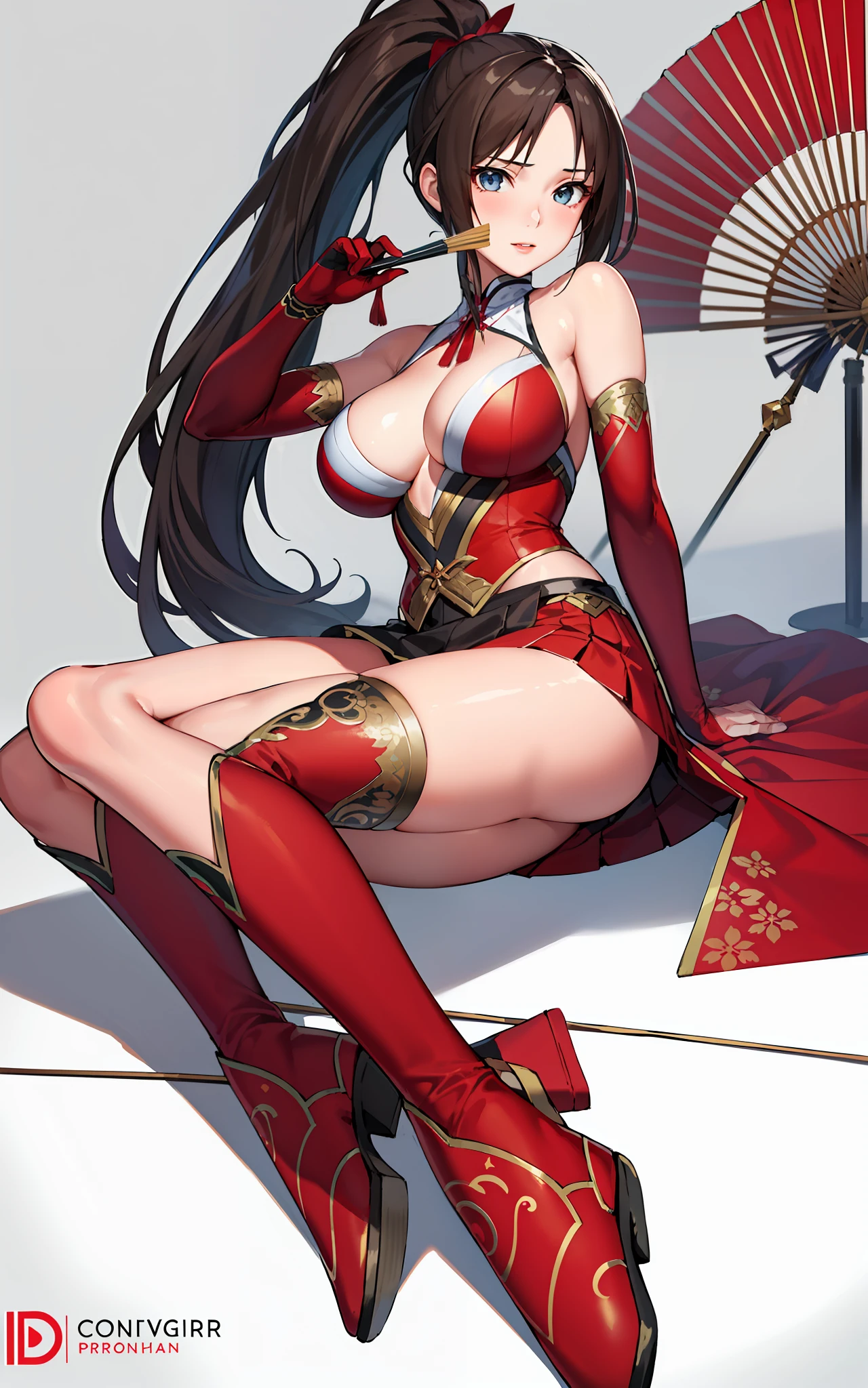 masterpiece, best quality, (realistic, 1girls, solo, beautiful face, detailed face, beautiful eyes), (breasts), thighs, long hair,  ponytail, breasts contains, (red wear), bare shoulder, elbow gloves, skirt curtain, hand fan, full body