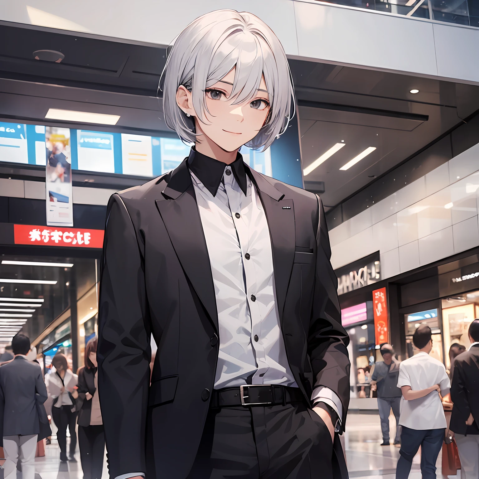 A man,Silver short bob hair,Black eyes,Black blazer,White color blouse,Black trousers,malefocus,mall background,ssmile