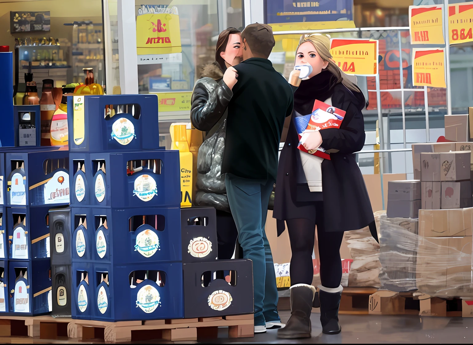 menschen, Standing around a pallet of beer bottles in front of a shop, sehr stimmiges Bild, Leute einkaufen, full resolution, Chris Evans mit Bierbauch, Einkaufen von Lebensmitteln, Nostalgic atmosphere, Leute, die Bier trinken, Schnappschuss, Bier kaufen in der British Bar, Bierflaschen halten, exclusive, Lebensmittel besorgen, Kundschaft, Stapeln von Supermarktregalen