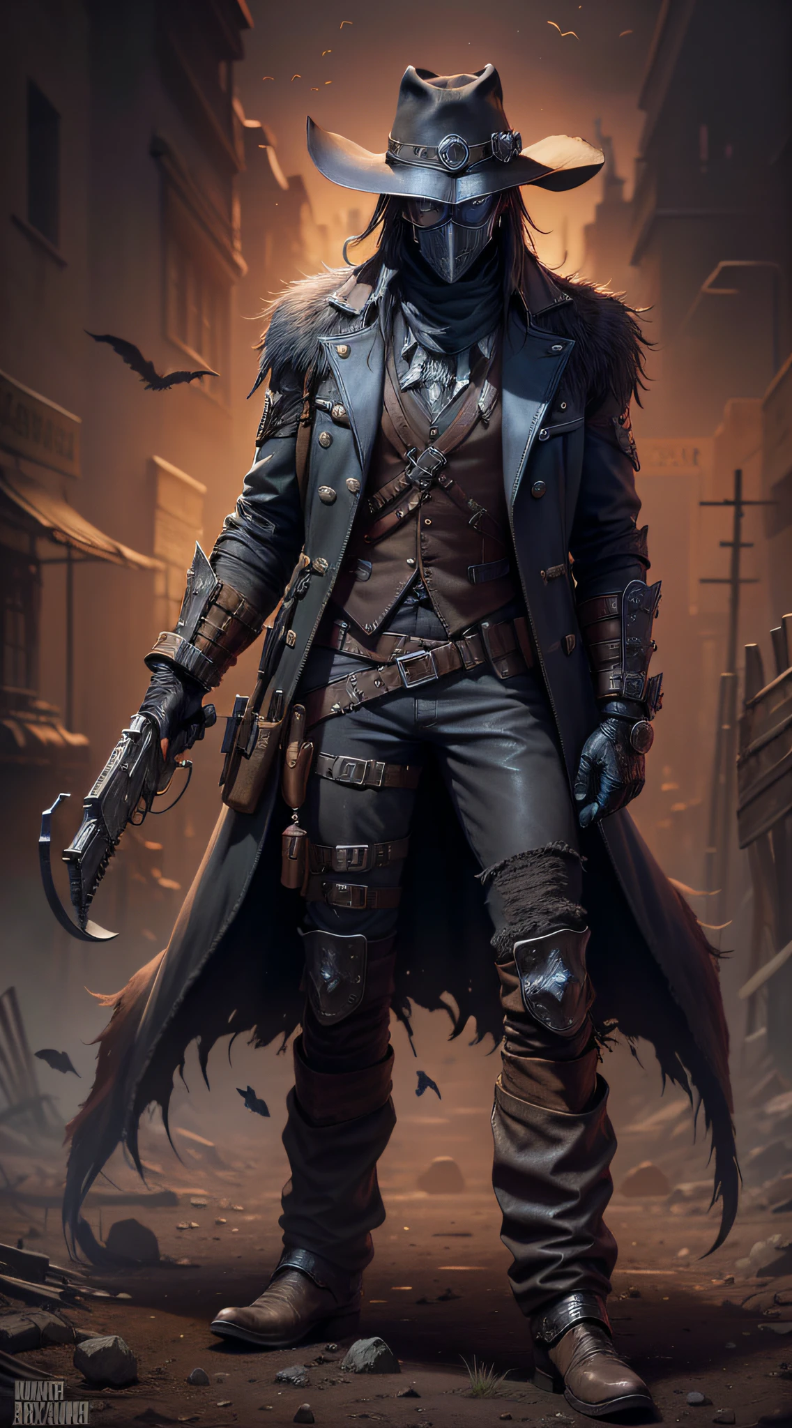 arafed image of a man in a hat and leather pants with a gun, portrait of a bloodborne hunter, post - apocalyptic cowboy, dark fantasy character design, stylized urban fantasy artwork, powerful male scarecrow, the plague doctor, portrait of the old necromancer, trendin on artstation, cyberpunk wild west, grimdark steampunk fantasy, the gunslinger