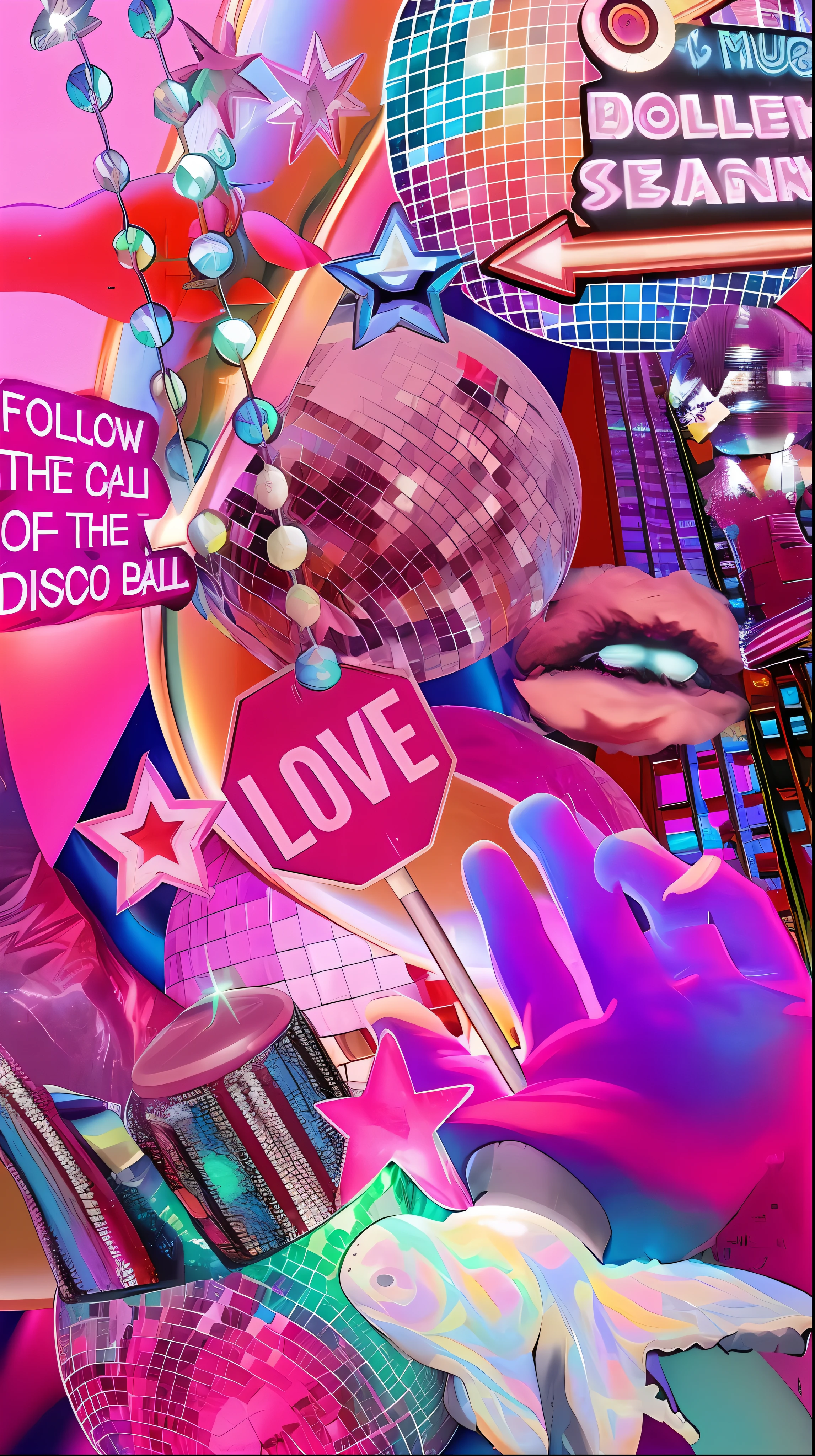 There's a woman in a disco ball outfit posing for a photo, inspirado em Victor Moscoso, Bolas de discoteca, bola de discoteca, festa da discoteca, Estilo Lisa Frank, Discoteca do Oculto, Retro pink synthwave style, synthwave aesthetic, No estilo de Lisa Frank, colagem digital, psychedelic and sparkling, ( ( ( Synthwave ) ) )