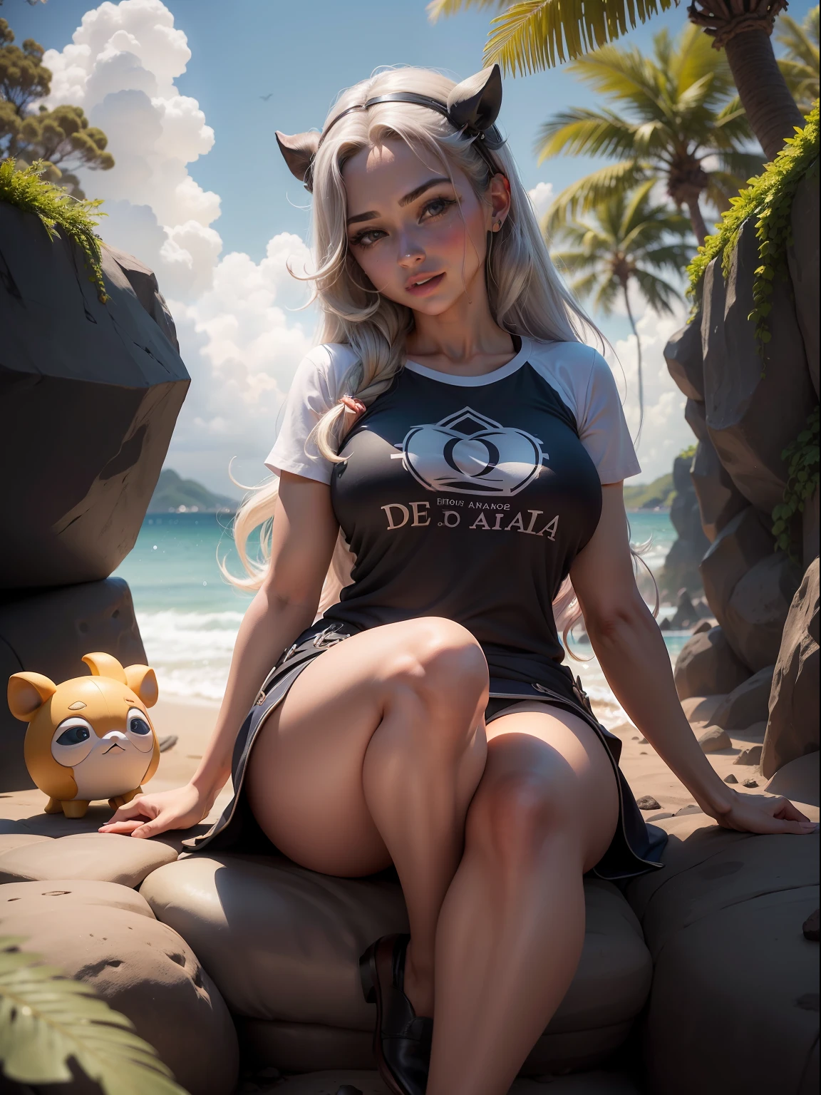 Uma bela mulher europeia, incrivelmente bonita e fotorrealista, vestindo camiseta e minissaia, sorriso sedutor, em um barco a remo em um rio, sitting facing the camera on her knees apart, corpo inteiro, cabelo liso loiro longo, sem maquiagem, olhos cinzentos, olhos extremamente detalhados, globos oculares realistas, detailed symmetrical, rosto realista, textura natural da pele, pele extremamente detalhada, com poros de pele, Peach fuzz, obra-prima, fotorrealista, melhor qualidade, foto crua, detailedfacialfeatures, dinamic pose, hiper detalhado, detalhes finos, detalhes intrincados, foco de personagem, dynamic  lighting, pele detalhada, poros, 8K, uHD,