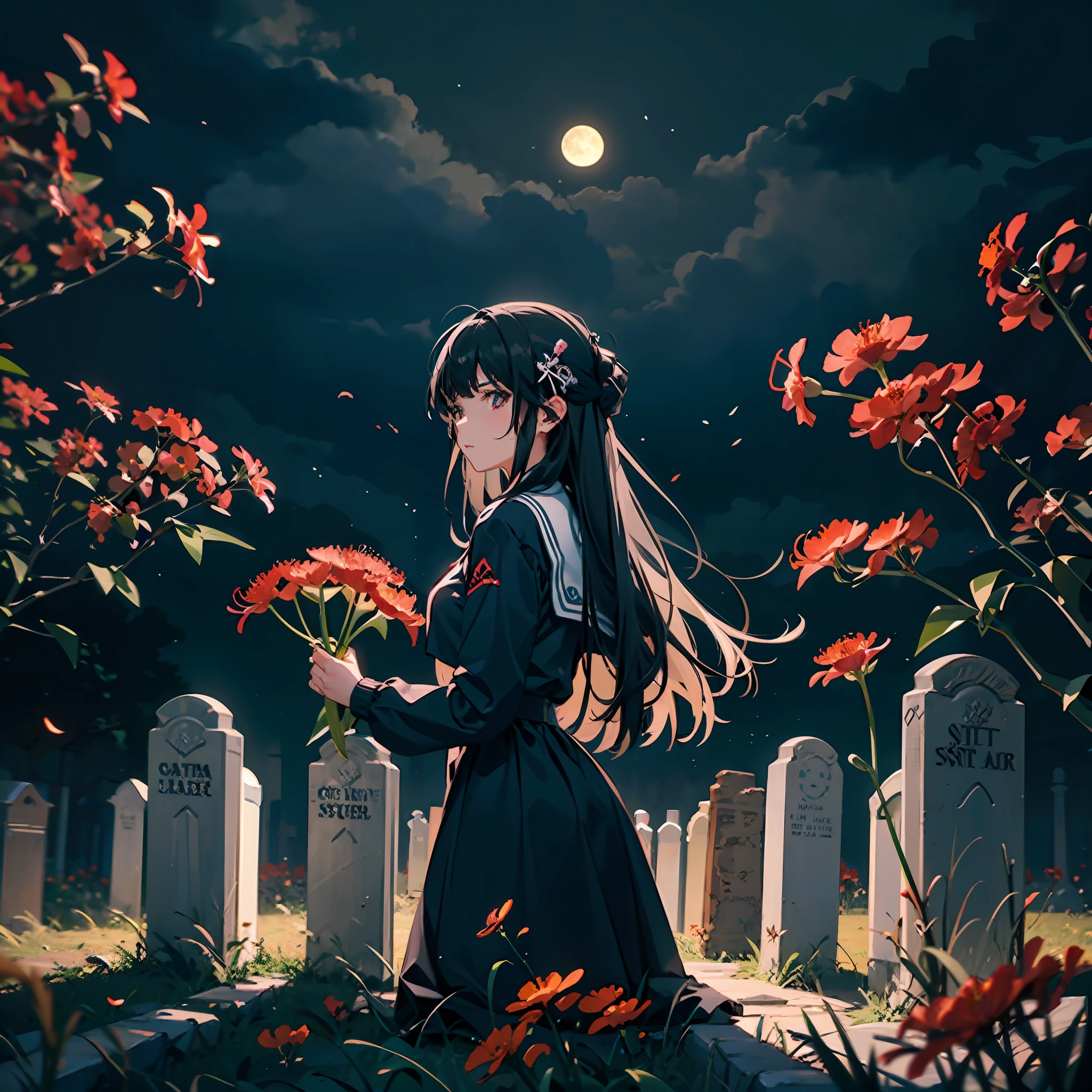 De noite, lua ao fundo, Open field covered with red spider flowers lilies and tombstones, anime girl black hair correndo pelo campo de perfil --auto
