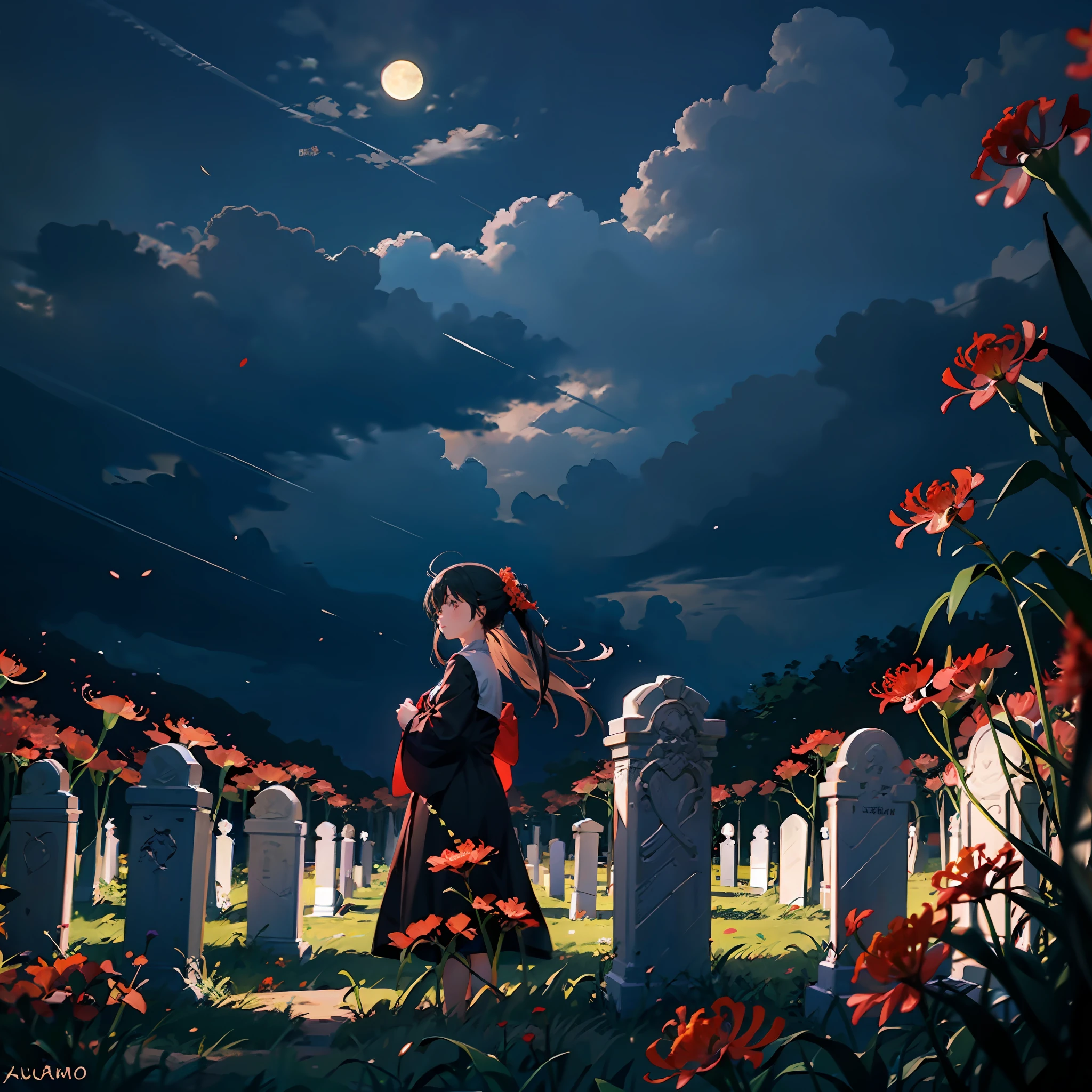 De noite, lua ao fundo, Open field covered with red spider flowers lilies and tombstones, anime girl black hair correndo pelo campo de perfil --auto
