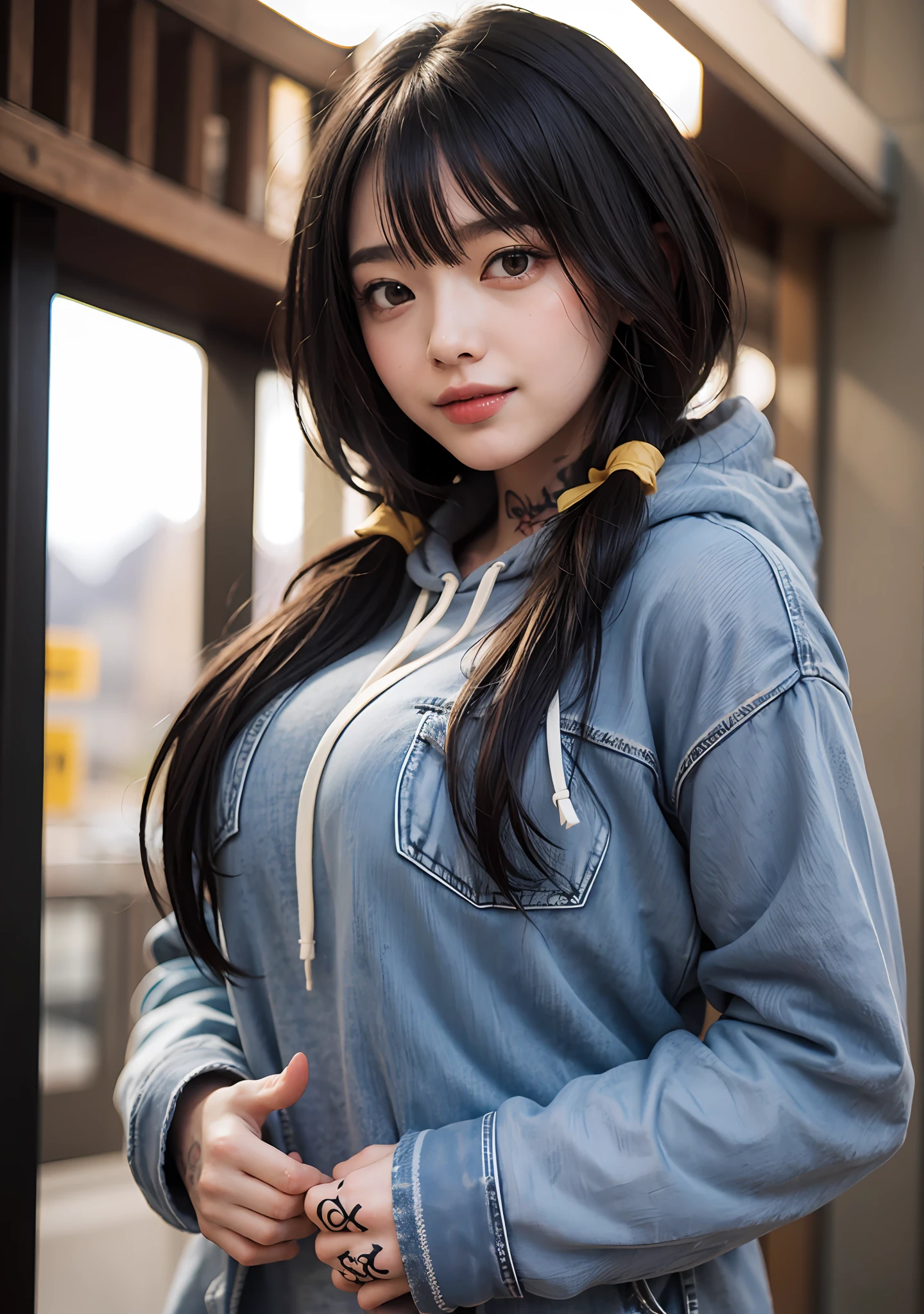 Masterpiece, high quality, ultra quality, best lighting, 1girl, ((tokisaki kurumi)), long hair, black hair, (((low twintails))), monochrome, ((right red eye:1, left yellow eye:1)), Hoodie, ((mini Hoodie)), hood on head, ((short jean)), ((big breast)), ((big thigh)), smile, blush, cute face, ((gesugao face)), standing, sexy body, sexy, tattooed full body, tattooed face, (((tattooed))),looking at viewer, large the breast, nsfw, (((mountain)))