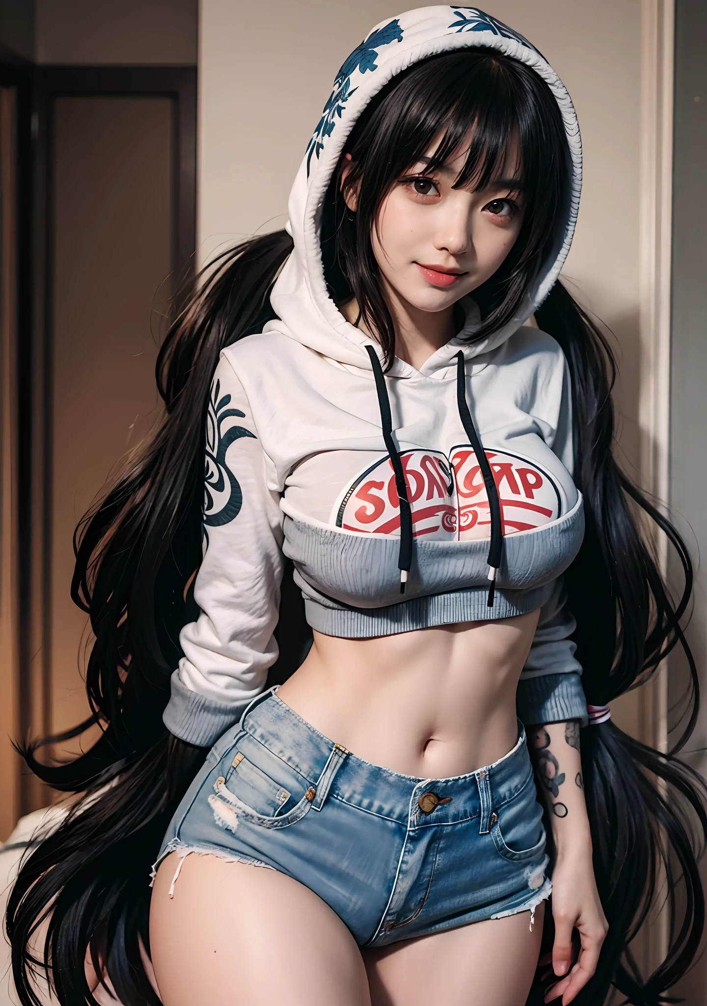 Masterpiece, high quality, ultra quality, best lighting, 1girl, ((tokisaki kurumi)), long hair, black hair, (((low twintails))), monochrome, ((right red eye:1, left yellow eye:1)), Hoodie, ((mini Hoodie)), hood on head, ((short jean)), ((big breast)), ((big thigh)), smile, blush, cute face, ((gesugao face)), standing, sexy body, sexy, tattooed full body, tattooed face, (((tattooed))),looking at viewer, large the breast, nsfw, (((mountain)))