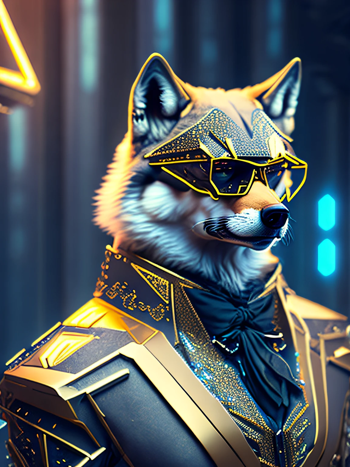Grim portrait of a wolf in a suit and muscular glasses with intricate angular cybernetic implants inside a brutalist building, Room full of Gothic gold, Cyberpunk, Foto premiada, Bokeh, neon lights, cybernetic limb