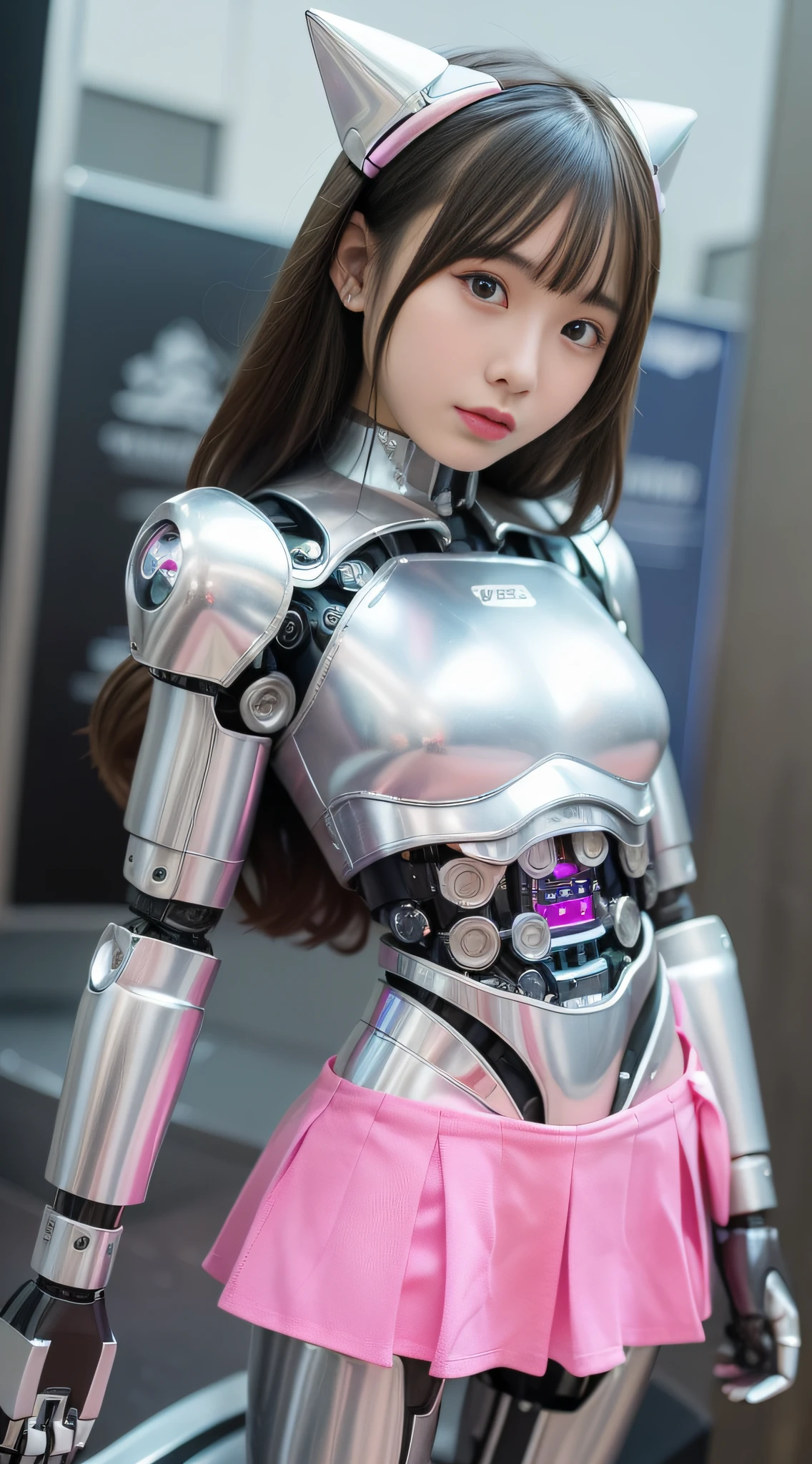 (Photorealsitic:1.4)、Onegirl、(top-quality),(hyperdetailed face)、(Super well-formed face)、((Robot Parts))、(Cyborg girl)、(Silver body)、(metalic)、(fullllbody)、(Moe Pose)、(Slender body)、(tits out)、(Model body type)、(mecha exposure)、(akihabara)、(is looking at the camera)、(A dark-haired)、(9Head and body)、(a small face)、(Idol)、(front facing)、(is standing)、(Photo session)、(Looks sad)、(Cyborg girl in pink stage costume)、(sleeve less)、(a miniskirt)