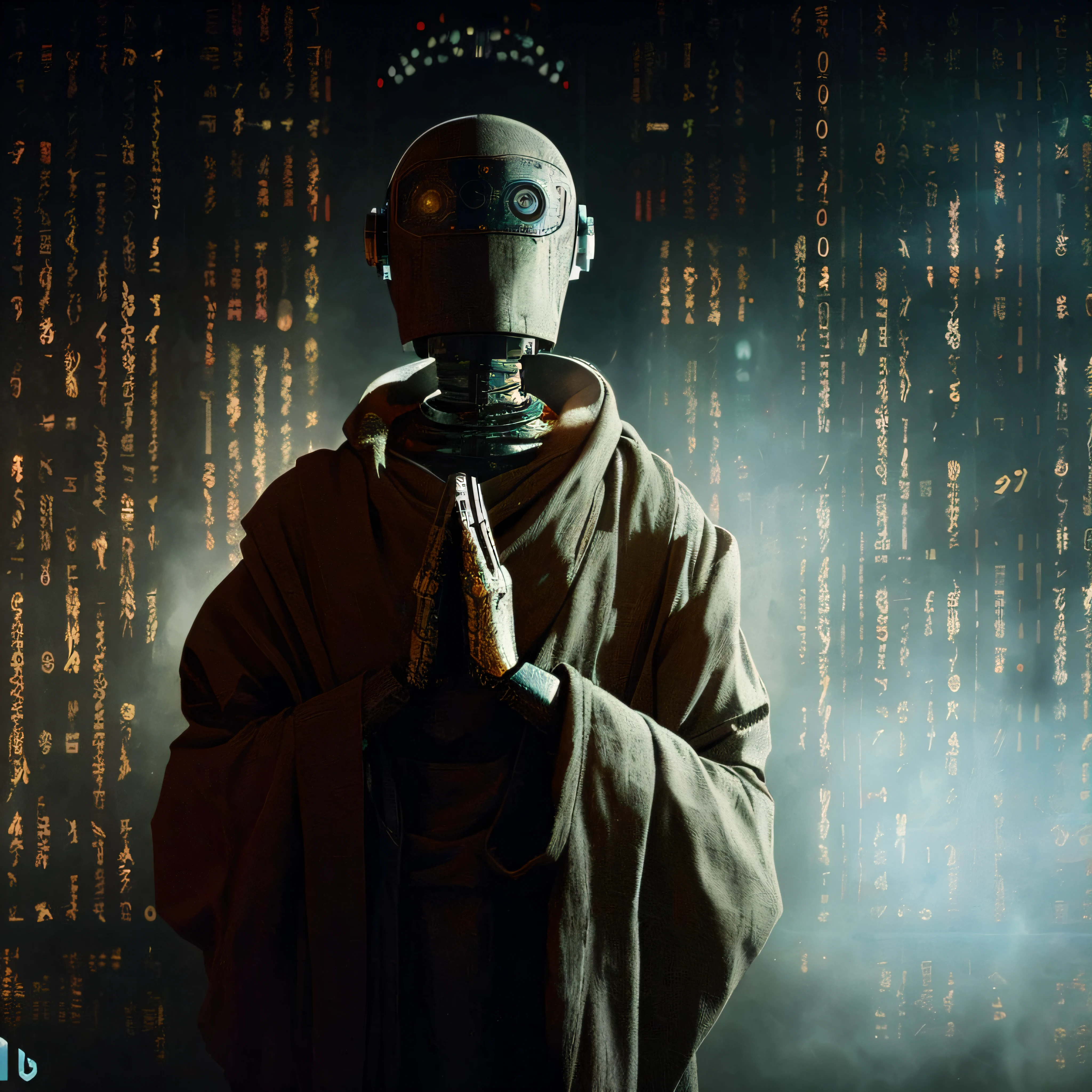 old robo dressed in a cloak meditating in front of a wall of binary code, Cyberpunk ortodoxo, de um filme 2 0 1 9 sci fi 8k, scifi religioso, zen méditation cyberpunk, artificial intelligence god, Wojtek FUS, robot religion, death and robots, artificial intelligence gods, Dramatic science fiction film