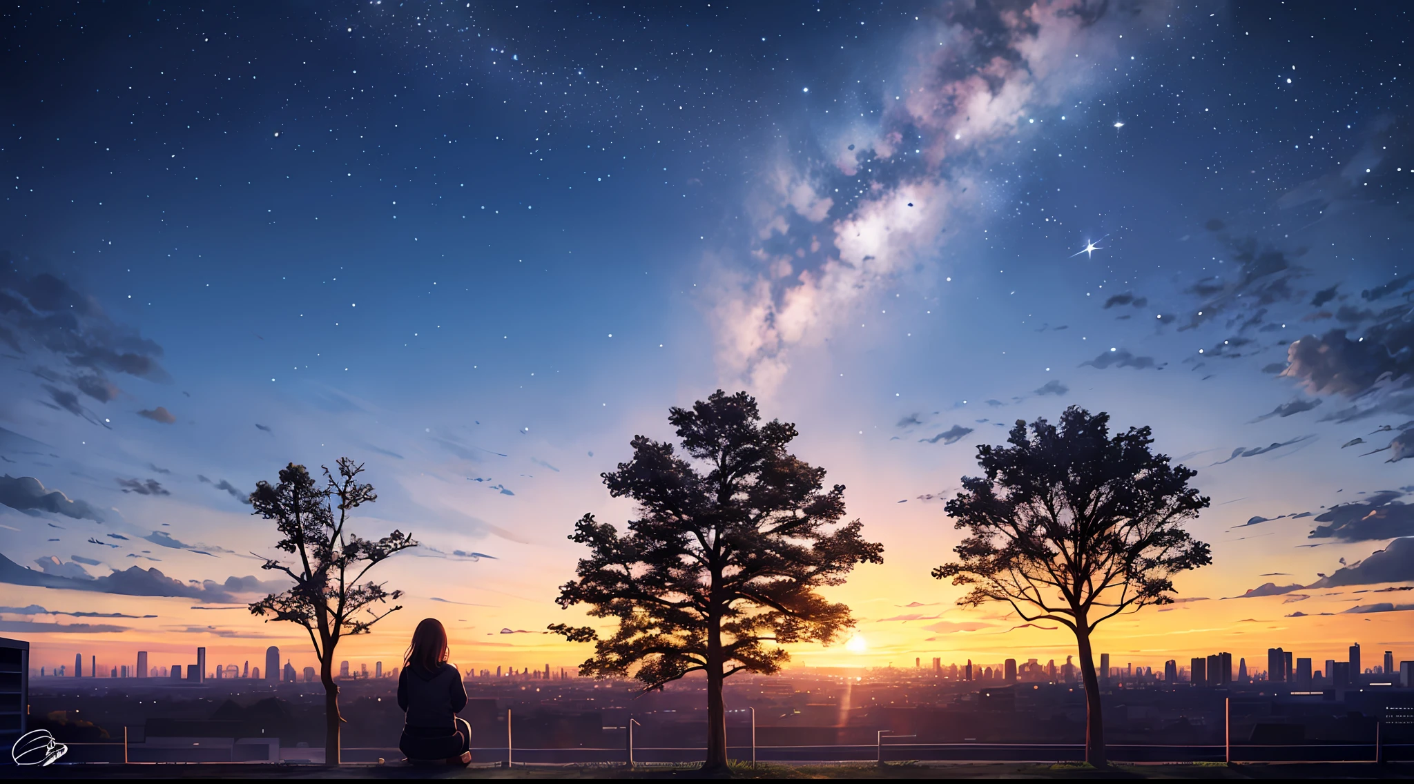 octane, sky, star (sky), landscape, starry sky, night, only child, night sky, solo, outdoor, signature, building, clouds, milky way, sitting, tree, long hair, city, silhouette, cityscape
