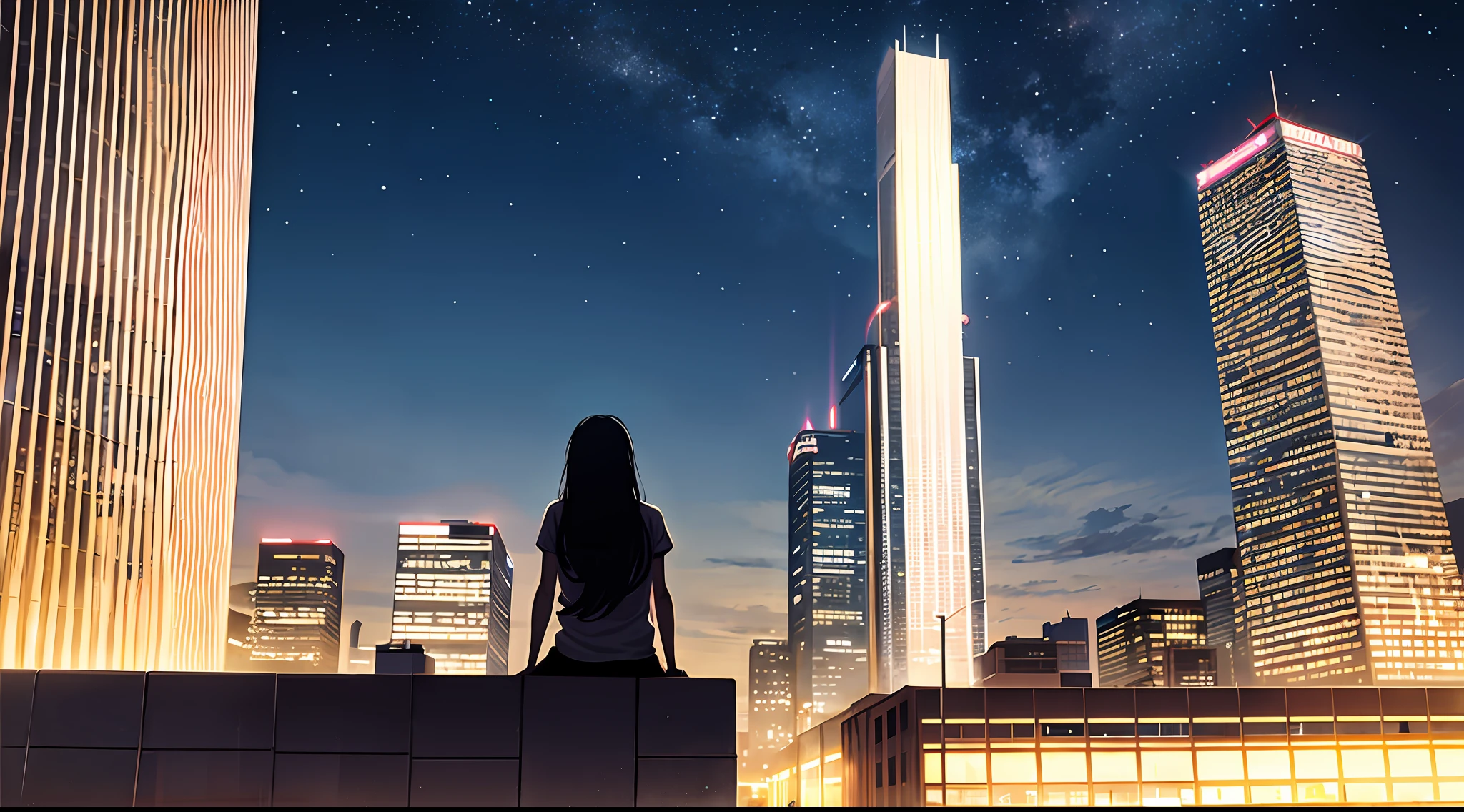 octane, sky, star (sky), landscape, starry sky, night, only child, night sky, solo, outdoor, signature, building, clouds, milky way, sitting, tree, long hair, city, silhouette, cityscape