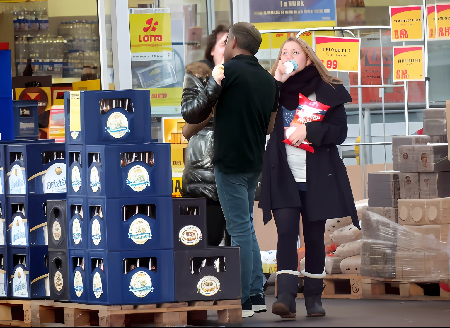 menschen, Standing around a pallet of beer bottles in front of a shop, sehr stimmiges Bild, Leute einkaufen, full resolution, Chris Evans mit Bierbauch, Einkaufen von Lebensmitteln, Nostalgic atmosphere, Leute, die Bier trinken, Schnappschuss, Bier kaufen in der British Bar, Bierflaschen halten, exclusive, Lebensmittel besorgen, Kundschaft, Stapeln von Supermarktregalen