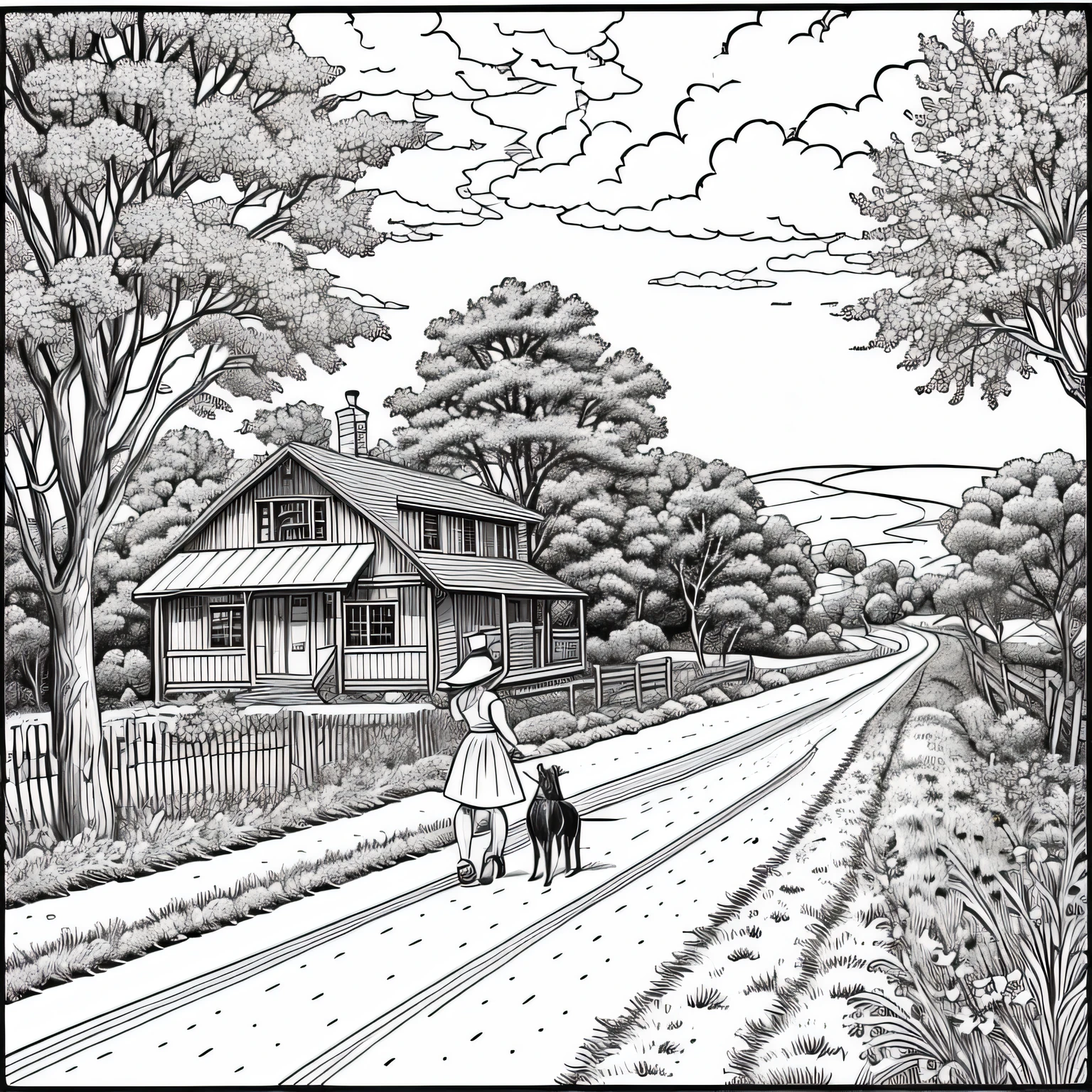 cartoon of a woman and her dog on a country road, countryside scene, rural splendor, country landscape, beautiful small town, clean ink detailed line drawing, line - art, extremely fine ink line art, coloring book outline, perfect pen and ink line art, stylized linework, coloring book page, highly detailed linework, published art, very fine inking lines by artist john sloane --auto