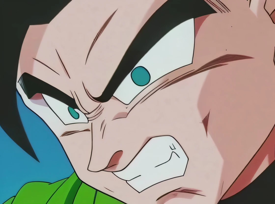 um close up de um personagem de desenho animado com uma camisa verde, Broly, queixo poderoso, with vegeta head hair, closeup no rosto, closeup estilo gesto pesado, Vegeta, rosto!!!! fechar - para cima, super serious facial expression, close up no rosto, sly expression, foto de closeup do rosto, rosto de close-up, Closeup do rosto, Retrato de Goku