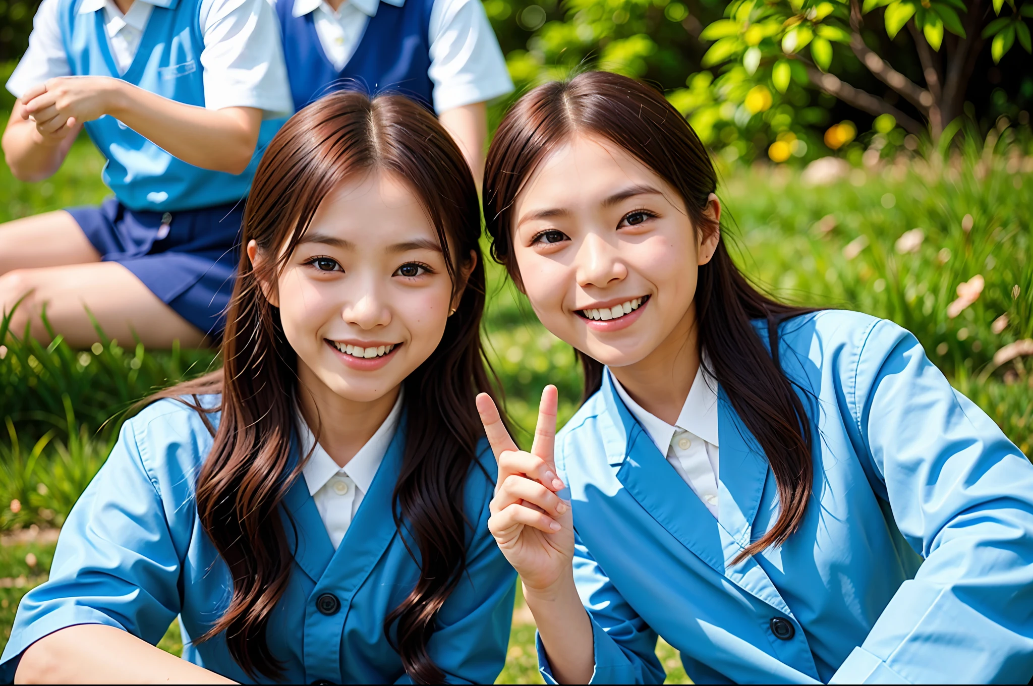 They sit on the grass and pose for pictures, two japanese schoolgirls posing, Japan High School, Student, wearing a Japanese school uniform, Japanese school uniform, photograph taken in 2 0 2 0, slideshow, both smiling for the camera, cheerfulness!!!, year 3022, blog-photo, 2 0 2 2 photo, SSAO 8 K