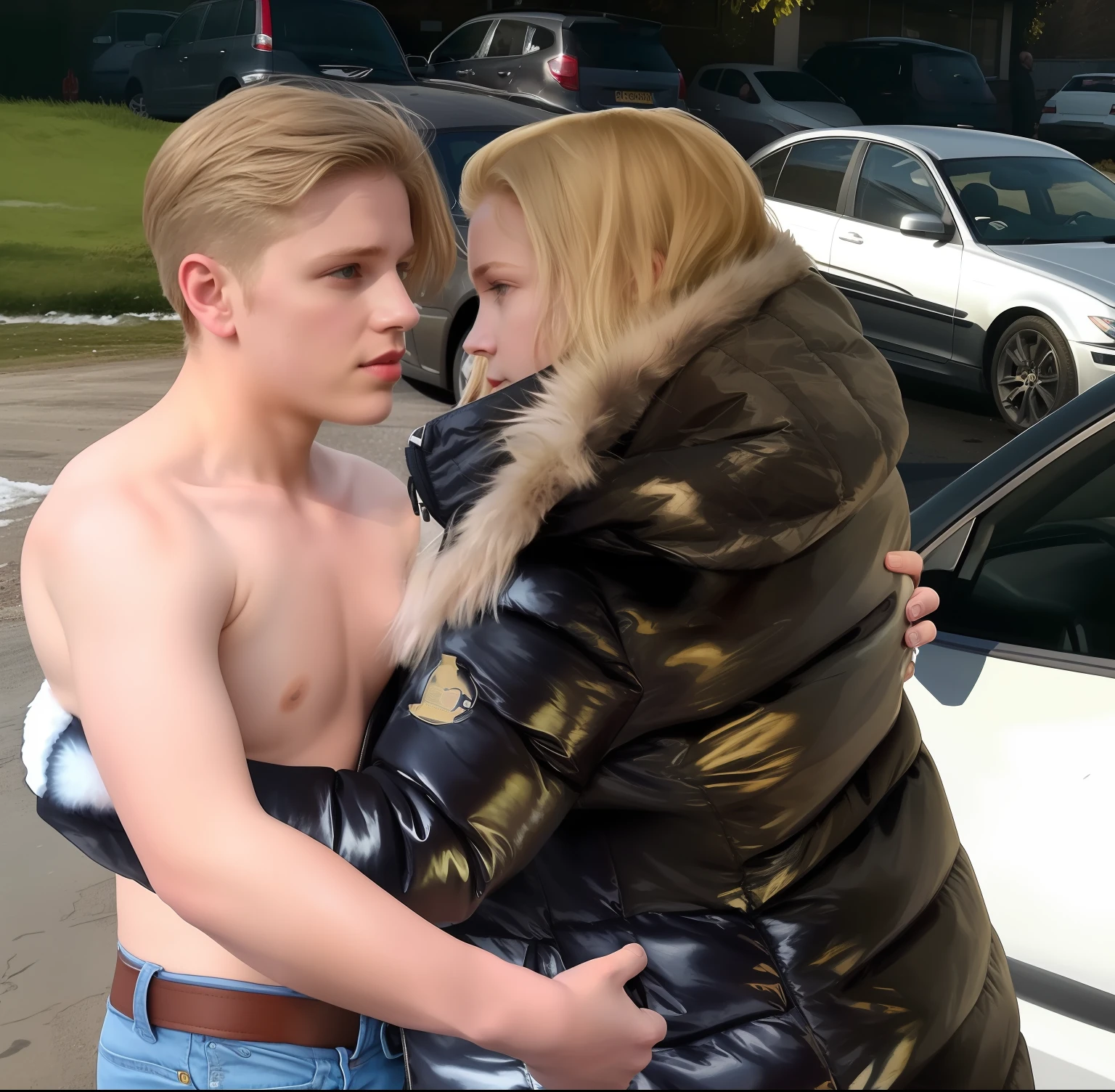 they are standing in a parking lot with cars parked in the background, jacket over bare torso, action shot girl in parka, (sfw) safe for work, fur covering her chest, internet meme, winter sun, video still, young blonde boy fantasy thief, art work, profile shot, realistic art, cold scene, very accurate photo, very realistic