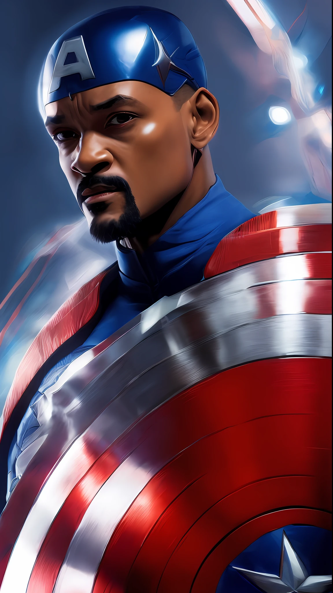 . .Tarantino style Will Smith as Captain America 8k, high definition, detailed face, detailed face, detailed eyes, detailed suit, in style of marvel and dc, hyper-realistic, + cinematic shot + dynamic composition, incredibly detailed, sharpen, details + superb details + evening with light + perfectionism + award winning realism ((moody lighting))