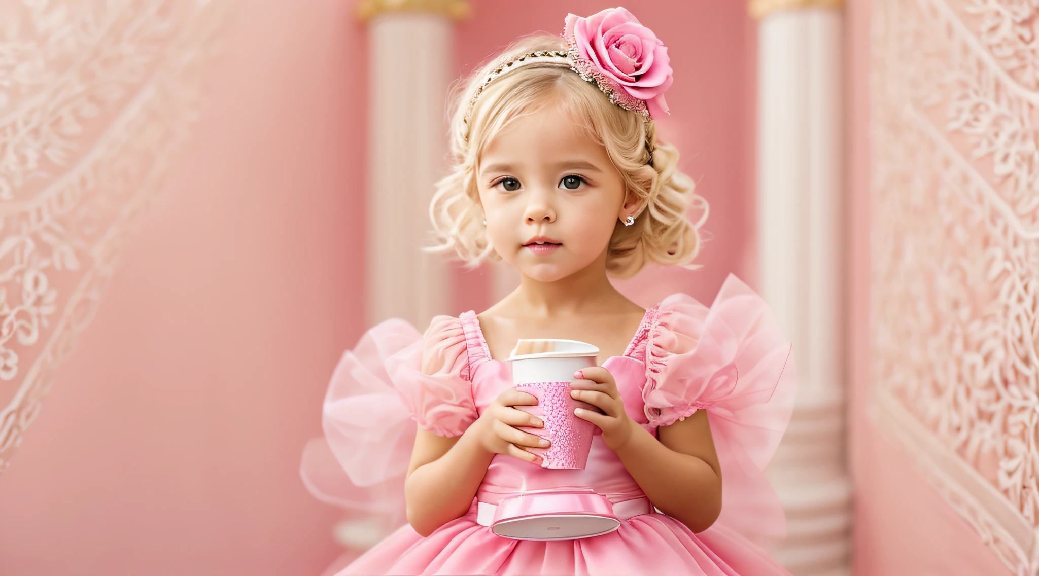 Kids blonde in pink dress holding a cup of coffee and a bag, vestido com um vestido rosa, vestido de baile rosa brilhante, menina doce, romantic rose tutu, menina cor-de-rosa, Loli, dress in the style of rococo, menina elegante, soda themed girl, estilo de conto de fadas, menina rosa bonita, Looks doces, por Wayne England, next gen, vestido rosa