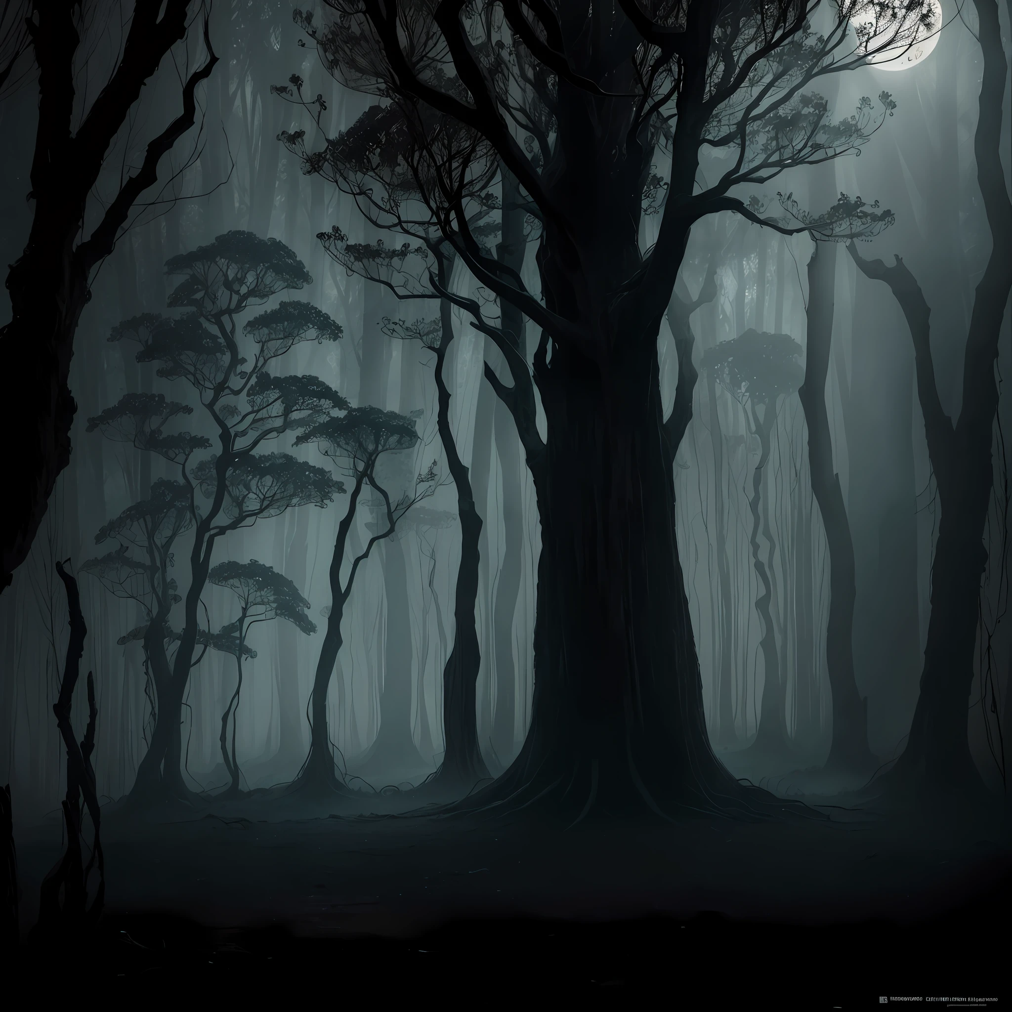 A photorealistic masterpiece unveils a chilling and mysterious scene, featuring an enigmatic figure resembling a withered, desiccated body amidst the eerie darkness of a moonlit forest. The image conjures an atmosphere of fear and intrigue, as viewers confront an enigmatic entity that defies explanation.Embraced by the ghostly glow of moonlight, the forest is enshrouded in an unsettling mist, heightening the sense of eerie ambiance. Ancient trees stand like ancient sentinels, casting twisted shadows across the forest floor. The enigmatic creature, resembling a dried and withered body, stands ominously amidst the haunting landscape. Its appearance is both haunting and otherworldly, leaving observers questioning its origins.Embrace photorealism to capture the haunting realism of this unsettling encounter. Dim moonlight casts a spectral glow, accentuating the haunting silhouette of the creature while creating an enigmatic play of light and shadow.The image exudes an aura of dread and fascination, luring viewers into the depths of a chilling enigma.Employ intricate rendering to craft a macabre tapestry of textures, shadows, and spectral illumination.The artwork leaves an indelible impression of unsettling fear and wonder, as if viewers have stumbled upon an ancient and enigmatic being, trapped in the moonlit embrace of the foreboding forest