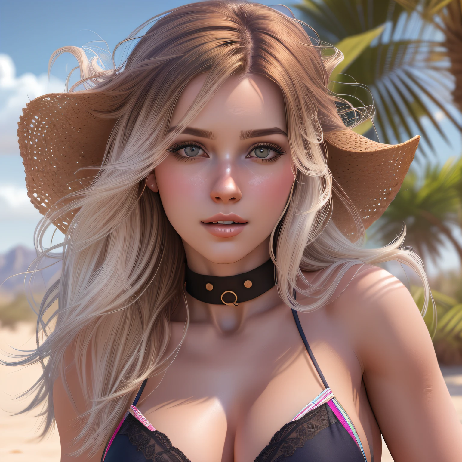 menina loira bonita, sbikini, cabelos loiros, olhos azuis, standingn, rosto perfeito, In the middle of an oasis in the desert. ((hyper realistic)), ((realistic lighting, melhor qualidade, 8k, master part: 1.3)), ((corpo inteiro)),