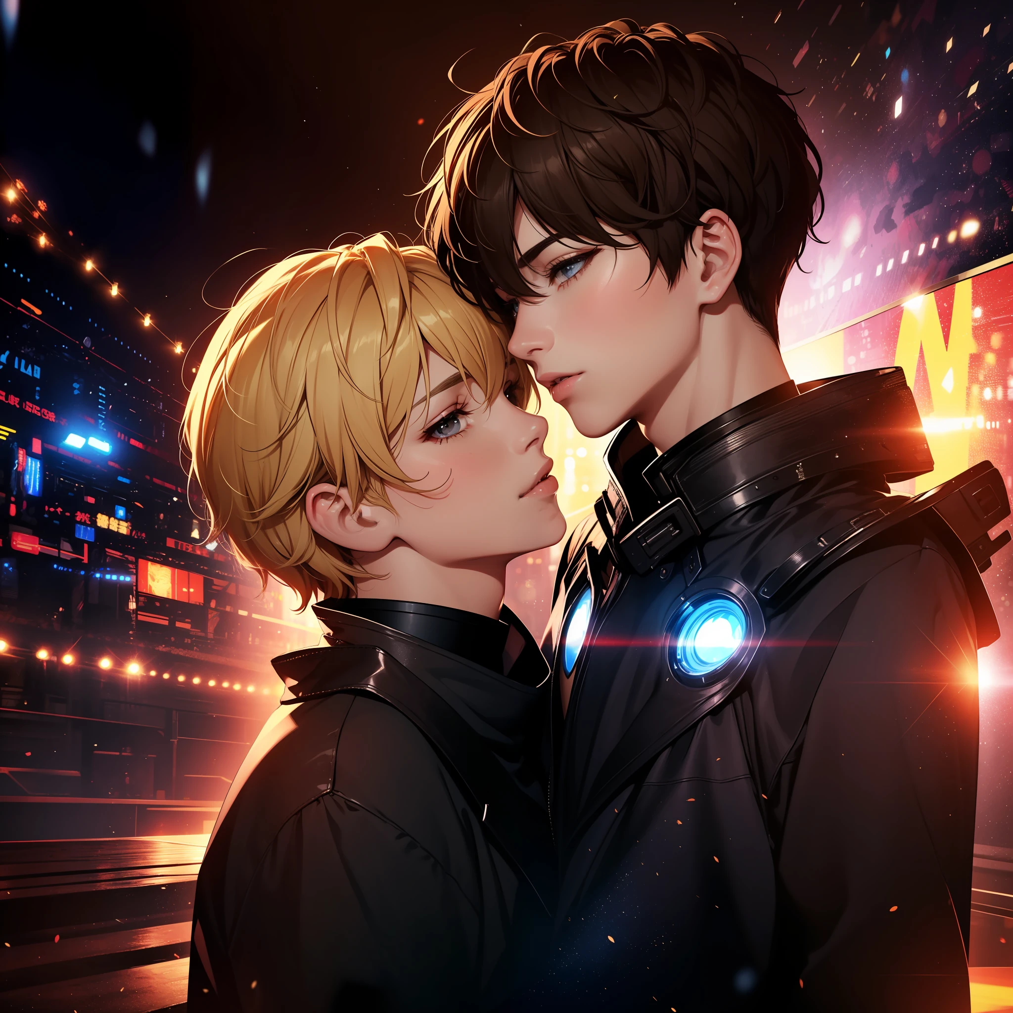 Superb, stunning, ultra high image quality, realistic, two 18 yo boys, (beautiful face 1.4), (big, constricted waist), short brown hair and blond hair, bokeh, beautiful light, shiny skin, small head, robot like costume, kiss, kissing on lips, hug, feeling love,