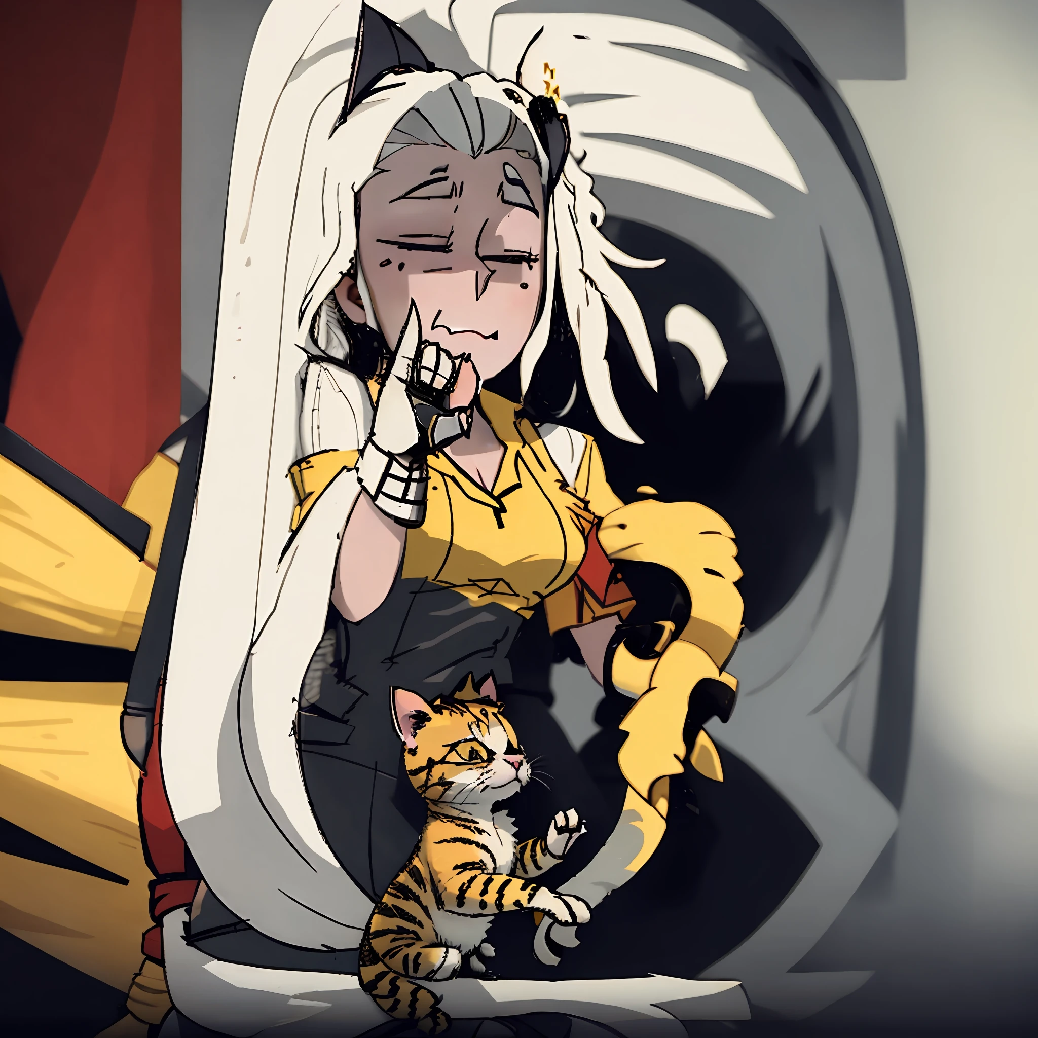 A cute yellow kitten gently petting an adorable white kitten. Animal fofo