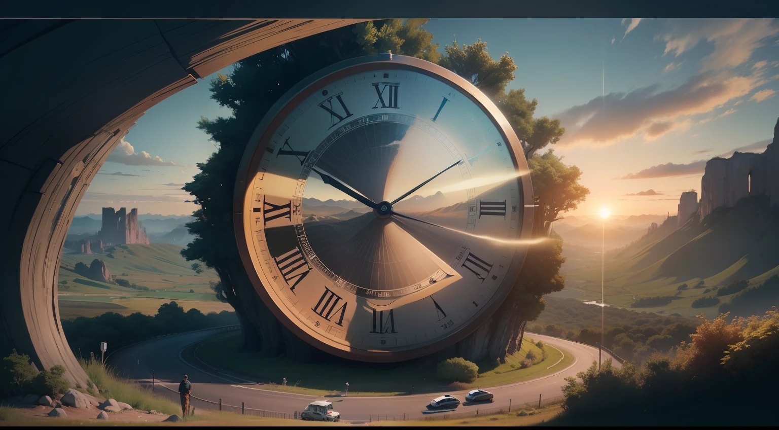 The image shows a scenario that represents the flow of time, com uma paisagem que vai do passado ao presente e ao futuro.