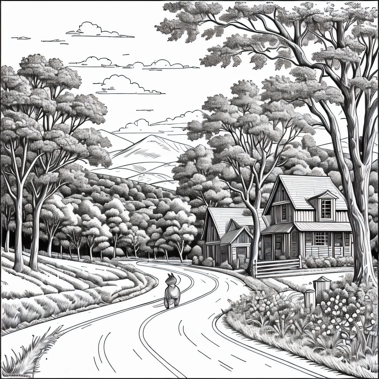 cartoon of a woman and her dog on a country road, countryside scene, rural splendor, country landscape, beautiful small town, clean ink detailed line drawing, line - art, extremely fine ink line art, coloring book outline, perfect pen and ink line art, stylized linework, coloring book page, highly detailed linework, published art, very fine inking lines by artist john sloane --auto