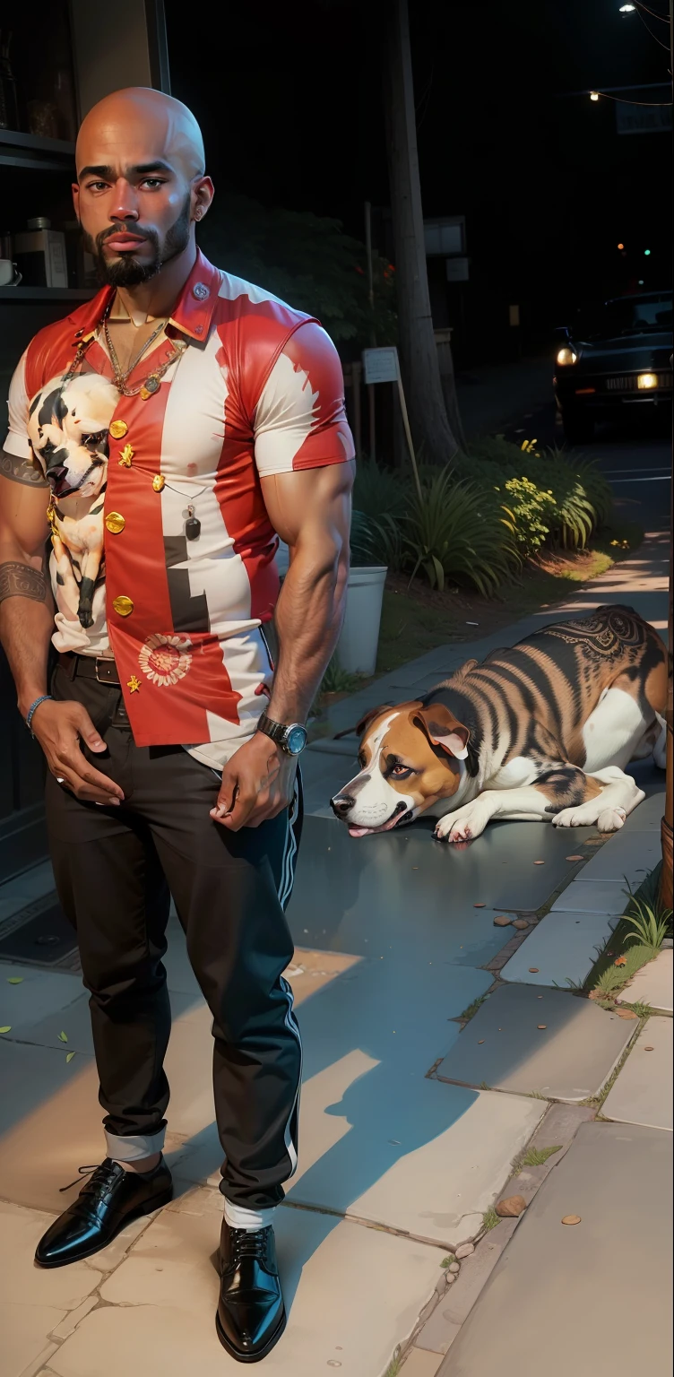 30-year-old man, mulatto skin color, bald, a fancy dog by his side --auto