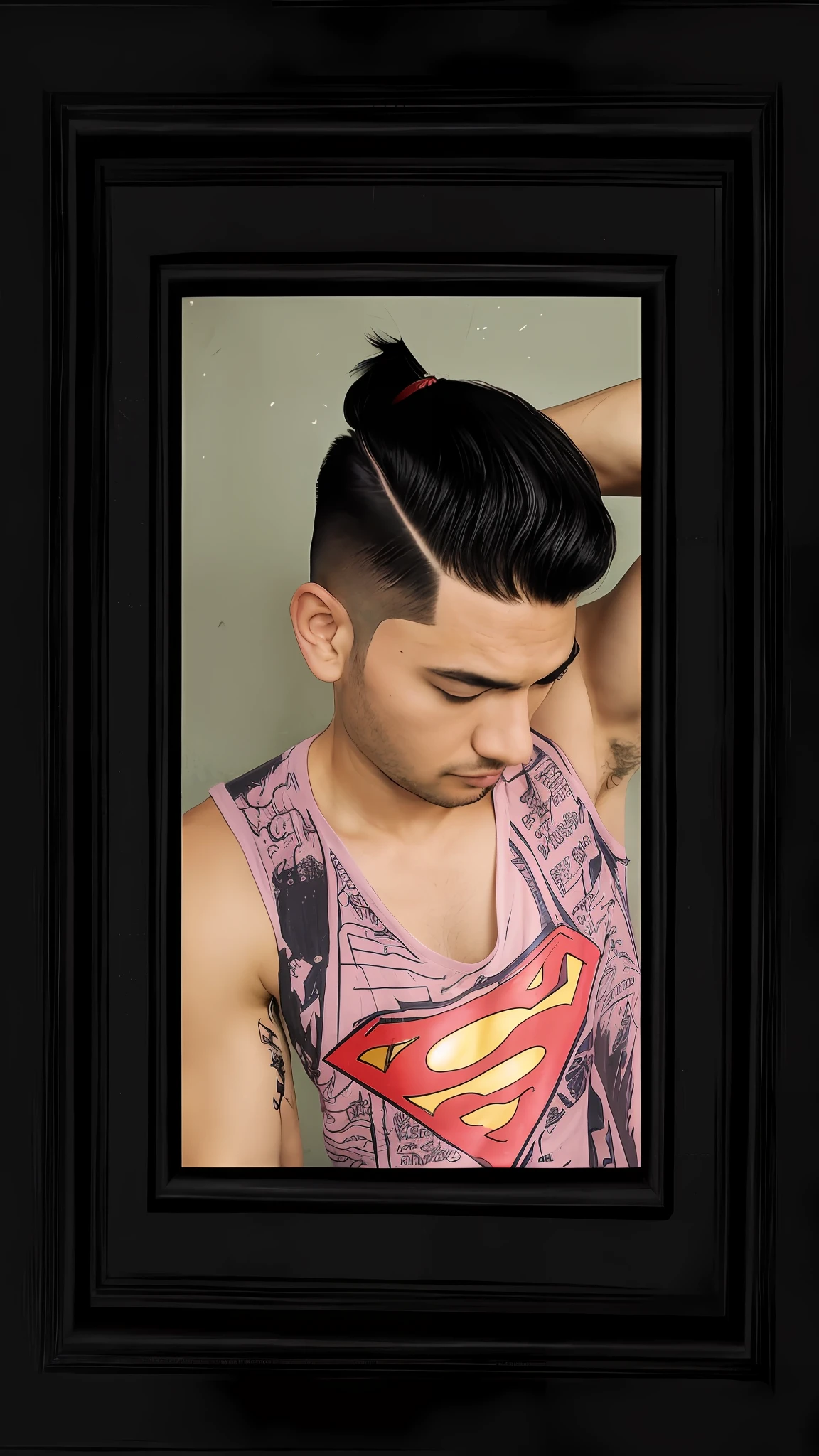 arafed man with a superman shirt in a black frame, undercut hairstyle, undercut haircut, undercut, inspired by Maximilian Cercha, shaved sides, rockabilly hair, fashionable haircut, inspired by Byron Galvez, superman, in style of kar wai wong, pompadour, topknot, profile shot, mohamed chahin style, mohawk hairstyle