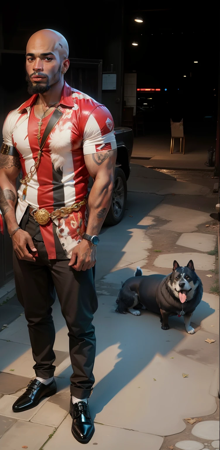 30-year-old man, mulatto skin color, bald, a fancy dog by his side --auto