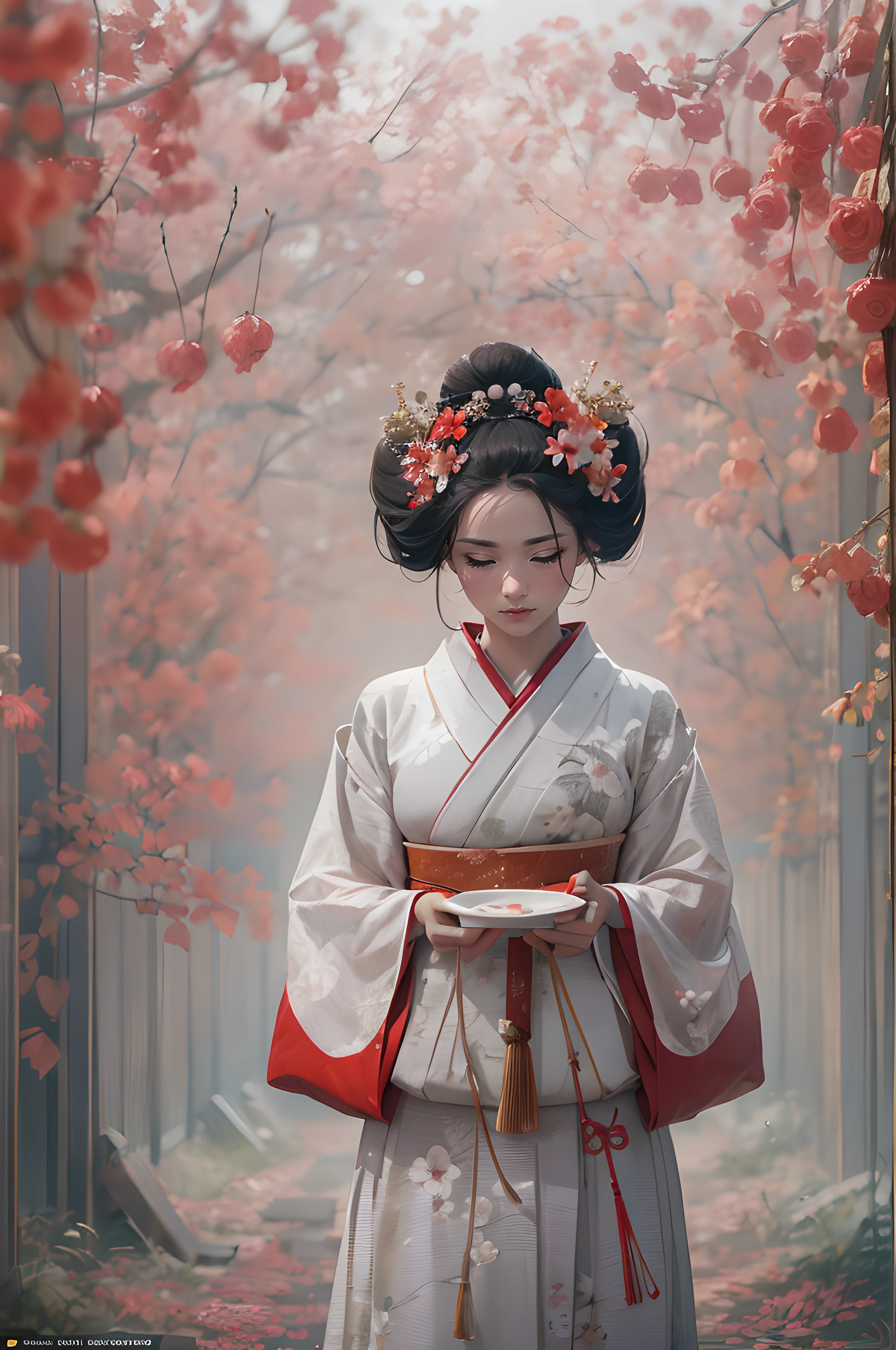 RAW, photography by Alessio Albi, Maia Flore, a geisha and flowers in the mist, wide-angle lens, national geographic photo, impressionism, japanese countryside, cherry-red, trending on artstation, sharp focus, studio photo, intricate details, highly detailed, by greg rutkowski