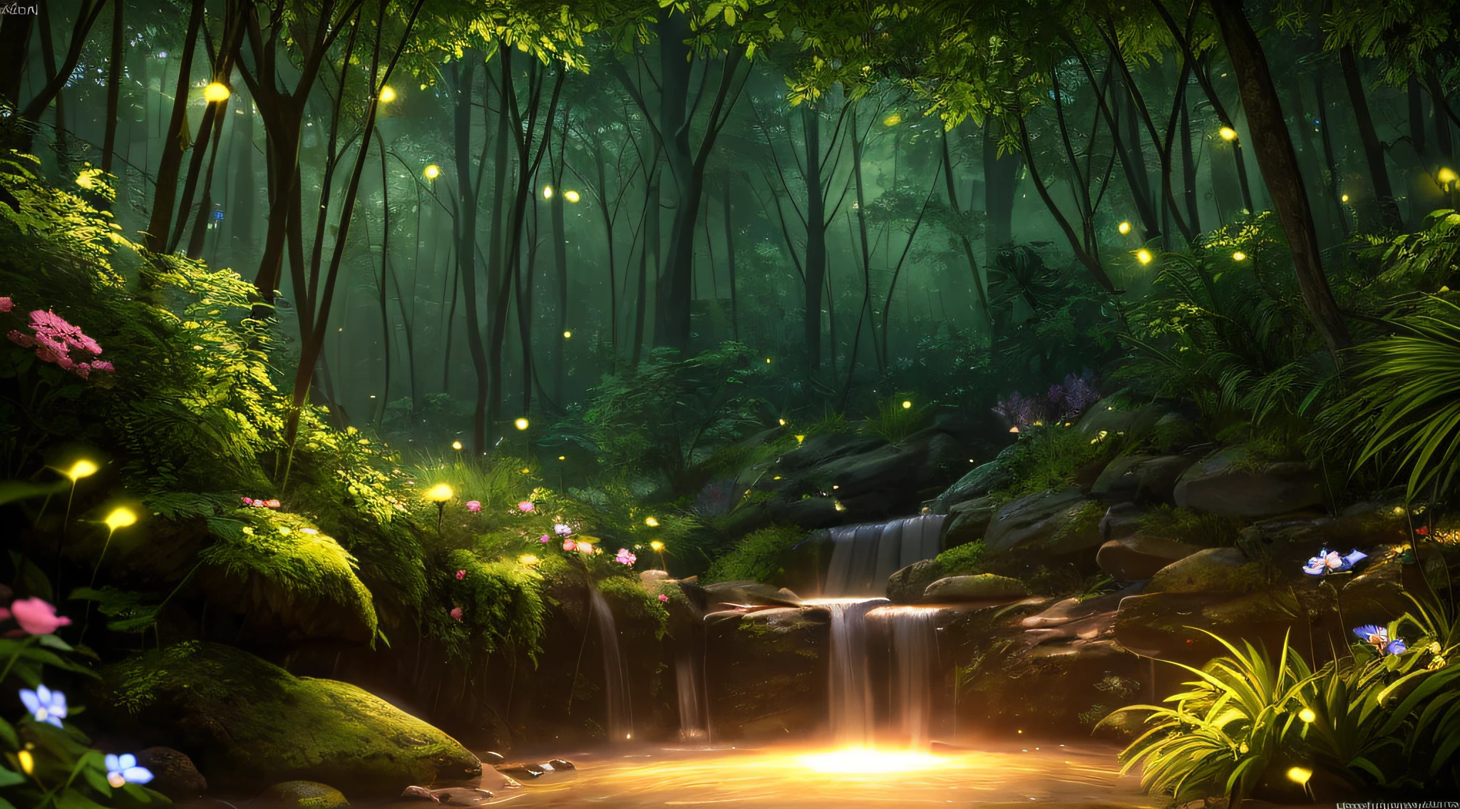 Masterpiece, best quality, (very detailed CG unity 8k wallpaper), (best quality), (best illustration), (best shadows), glow sprite, with a glowing deer, in the swimming pool Drinking water, natural elements in the forest theme. Mysterious forest, beautiful forest, nature, surrounded by flowers, delicate leaves and branches surrounded by fireflies (natural elements), (jungle theme), (leaves), (twigs), (fireflies), (particle effects) etc. 3D , Octane rendering, ray tracing, super detailed --auto