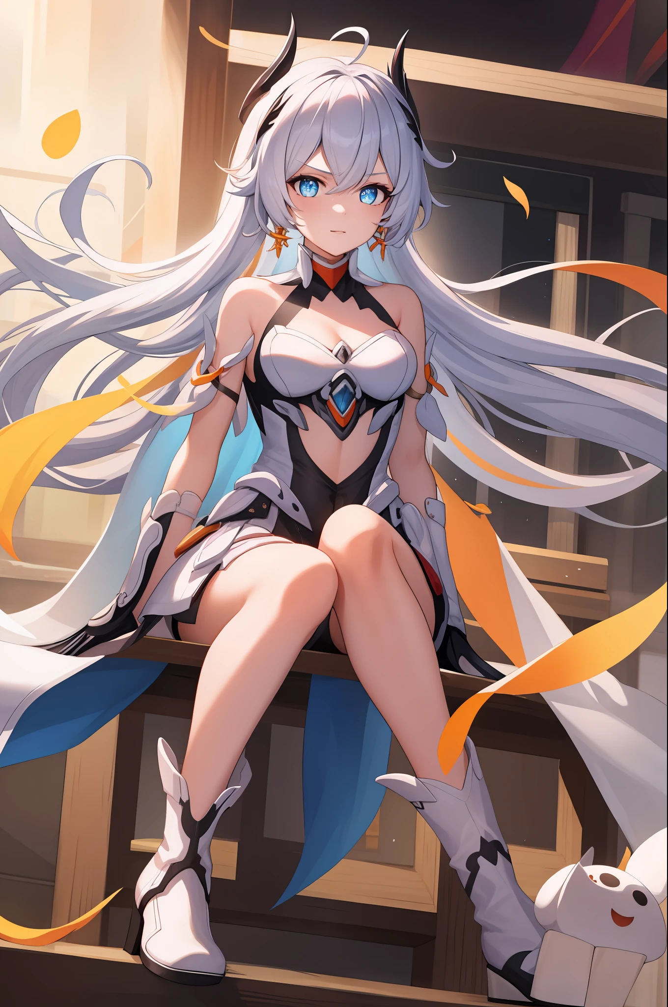 hof, 1girl, kiana kaslana, solo, seios pequenos, middlebreasts, olhos azuis, manoplas, cabelo branco, decote, joias, rabo de cavalo, brincos, ombros nus, boca fechada, franja, fundo simples, ornamento de cabelo, olhando para o espectador, cabelo entre os olhos, capa rasgada azul, armadura com detalhes de azul, cabelo antena, botas de coxa, coxas brancas, luvas pretas, botas, white footwear