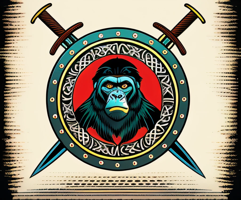 A closeup of a gorilla with two swords in a circle, em estilo de macacos primais, Macaco inteligente com uma faca longa, Illustration by Conan, the Barbarian, guerreiro segurando duas espadas, Planeta dos Macacos, viking warrior illustration, Retrato de Conan, the Barbarian, Highly detailed illustration.", medieval graphic, VectorArt detalhado, colorful illustration for tattoo, segurando escudo e espada, design do escudo